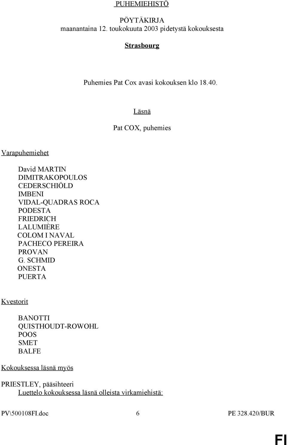 Läsnä Pat COX, puhemies Varapuhemiehet David MARTIN DIMITRAKOPOULOS CEDERSCHIÖLD IMBENI VIDAL-QUADRAS ROCA PODESTA FRIEDRICH