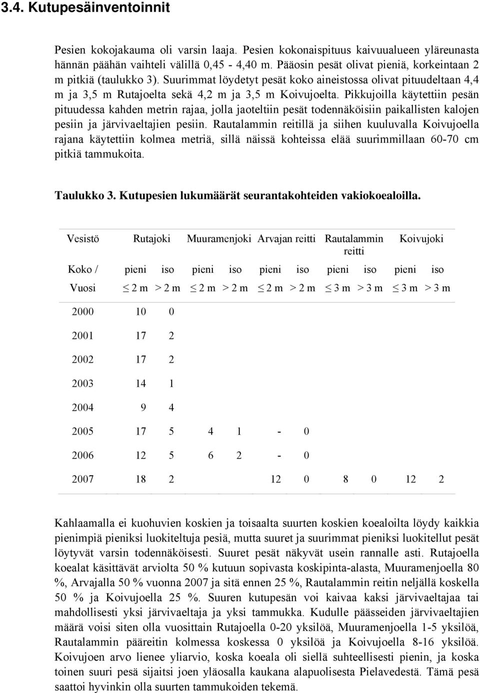 Pikkujoilla käytettiin pesän pituudessa kahden metrin rajaa, jolla jaoteltiin pesät todennäköisiin paikallisten kalojen pesiin ja järvivaeltajien pesiin.