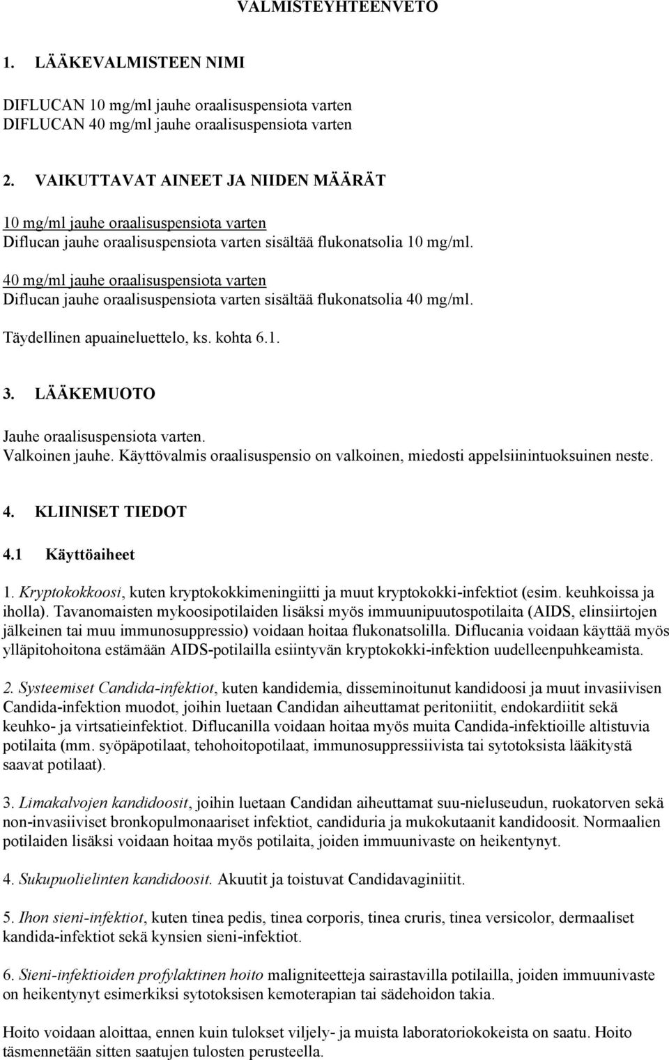 40 mg/ml jauhe oraalisuspensiota varten Diflucan jauhe oraalisuspensiota varten sisältää flukonatsolia 40 mg/ml. Täydellinen apuaineluettelo, ks. kohta 6.1. 3.