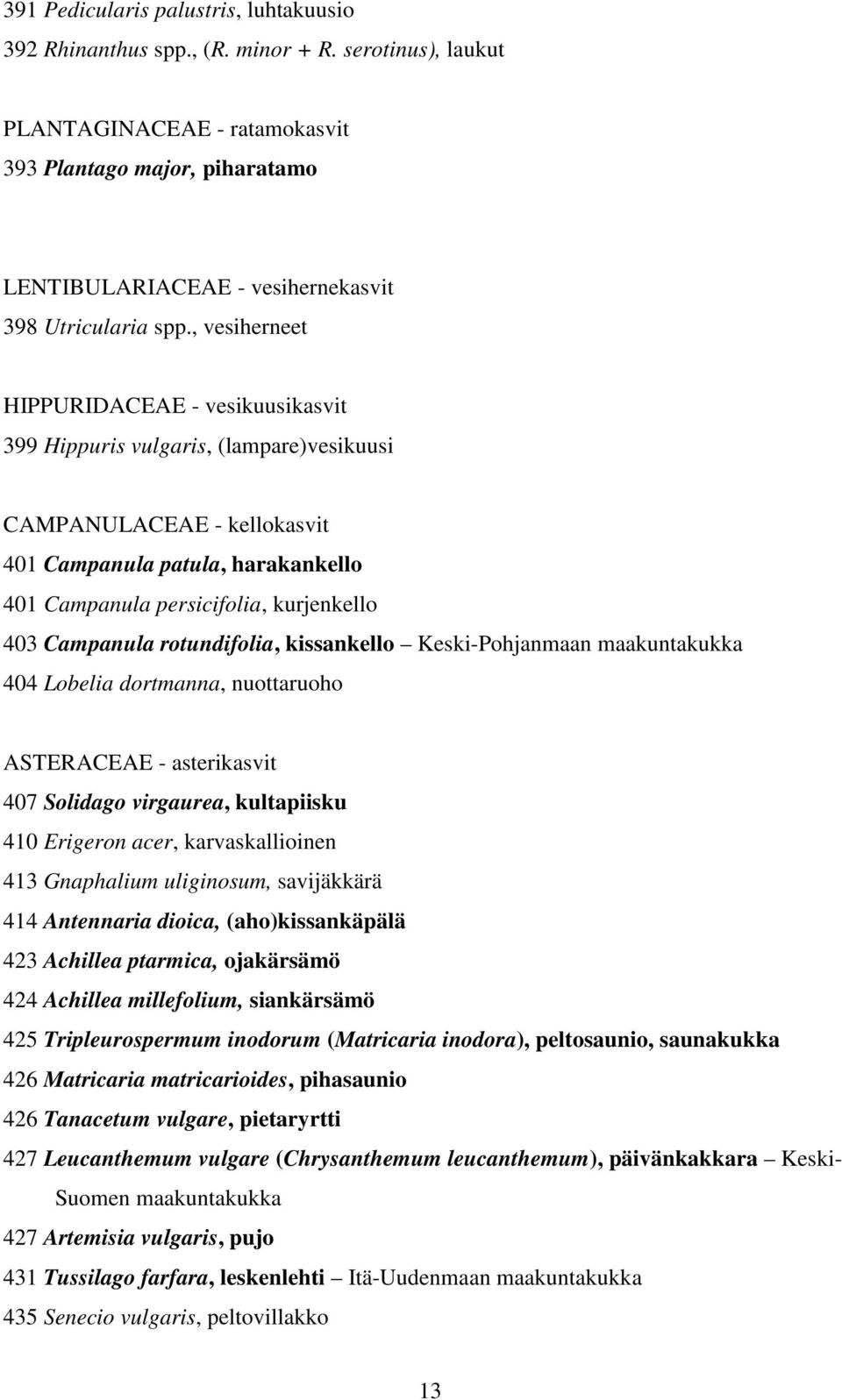 , vesiherneet HIPPURIDACEAE - vesikuusikasvit 399 Hippuris vulgaris, (lampare)vesikuusi CAMPANULACEAE - kellokasvit 401 Campanula patula, harakankello 401 Campanula persicifolia, kurjenkello 403