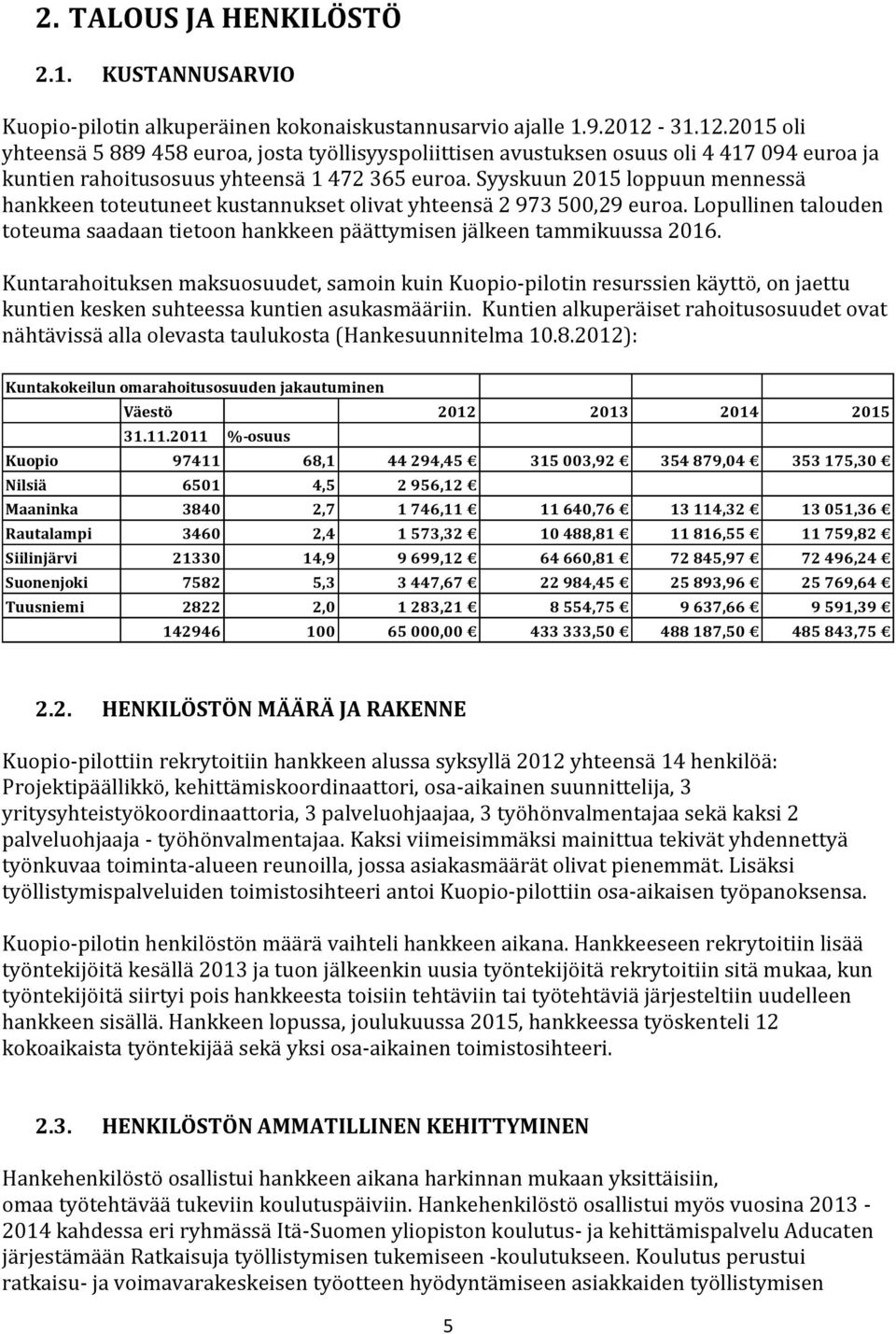 Syyskuun 2015 loppuun mennessä hankkeen toteutuneet kustannukset olivat yhteensä 2 973 500,29 euroa. Lopullinen talouden toteuma saadaan tietoon hankkeen päättymisen jälkeen tammikuussa 2016.