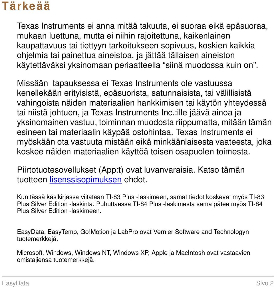 Missään tapauksessa ei Texas Instruments ole vastuussa kenellekään erityisistä, epäsuorista, satunnaisista, tai välillisistä vahingoista näiden materiaalien hankkimisen tai käytön yhteydessä tai