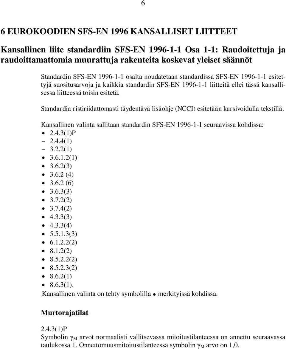 Standardia ristiriidattomasti täydentävä lisäohje (NCCI) esitetään kursivoidulla tekstillä. Kansallinen valinta sallitaan standardin SFS-EN 1996-1-1 seuraavissa kohdissa: 2.4.3(1)P 2.4.4(1) 3.2.2(1) 3.