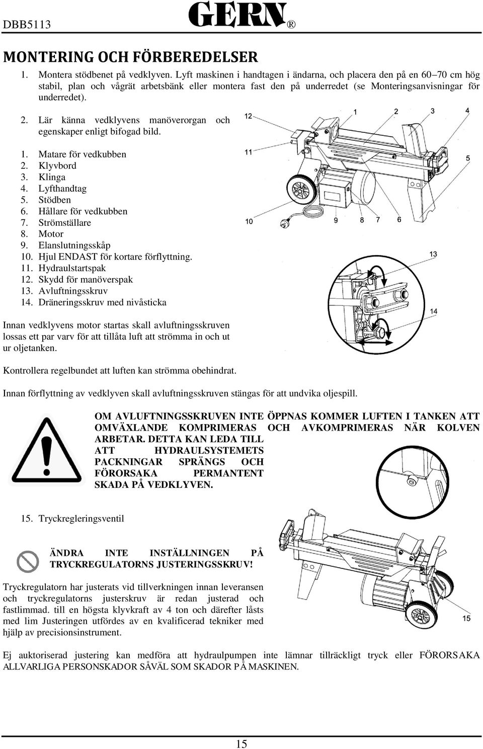 Lär känna vedklyvens manöverorgan och egenskaper enligt bifogad bild. 1. Matare för vedkubben 2. Klyvbord 3. Klinga 4. Lyfthandtag 5. Stödben 6. Hållare för vedkubben 7. Strömställare 8. Motor 9.