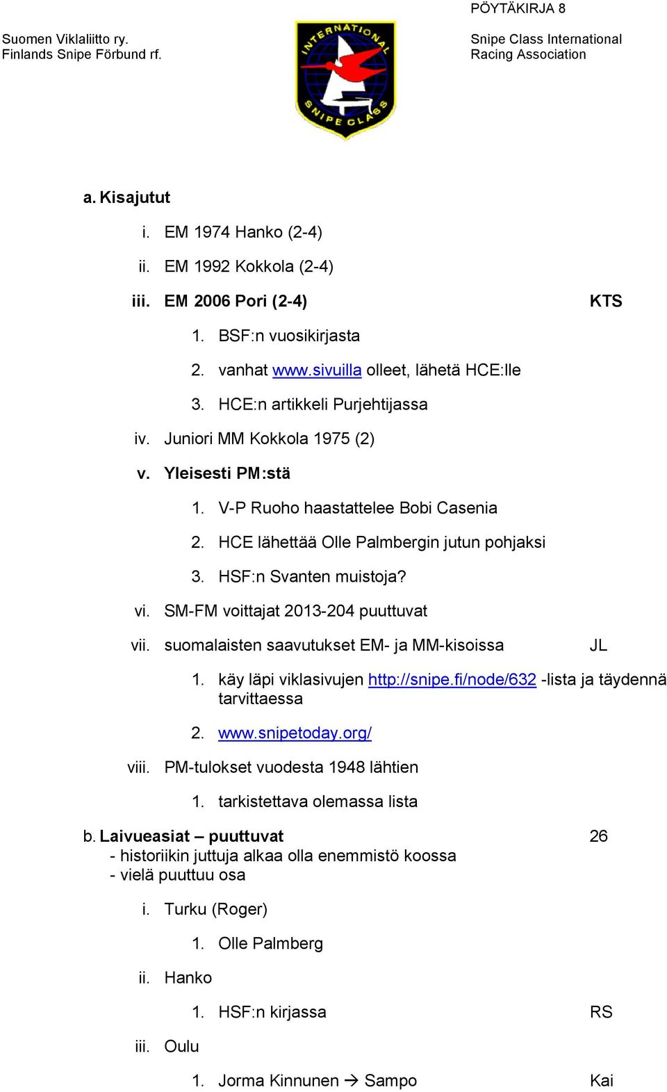 SM-FM voittajat 2013-204 puuttuvat vii. suomalaisten saavutukset EM- ja MM-kisoissa JL 1. käy läpi viklasivujen http://snipe.fi/node/632 -lista ja täydennä tarvittaessa 2. www.snipetoday.org/ viii.