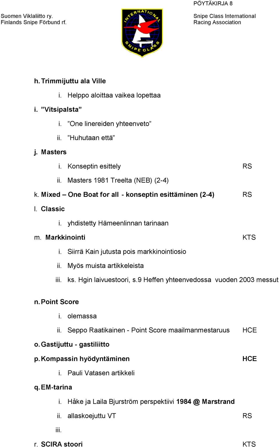 Siirrä Kain jutusta pois markkinointiosio ii. Myös muista artikkeleista iii. ks. Hgin laivuestoori, s.9 Heffen yhteenvedossa vuoden 2003 messut n. Point Score i. olemassa ii.