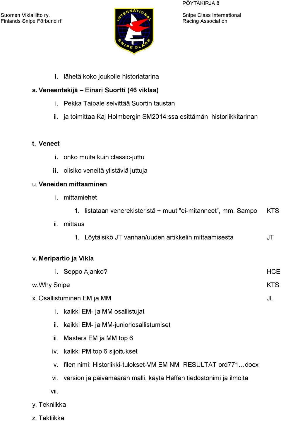 Löytäisikö JT vanhan/uuden artikkelin mittaamisesta JT v. Meripartio ja Vikla i. Seppo Ajanko? HCE w. Why Snipe KTS x. Osallistuminen EM ja MM JL i. kaikki EM- ja MM osallistujat ii.