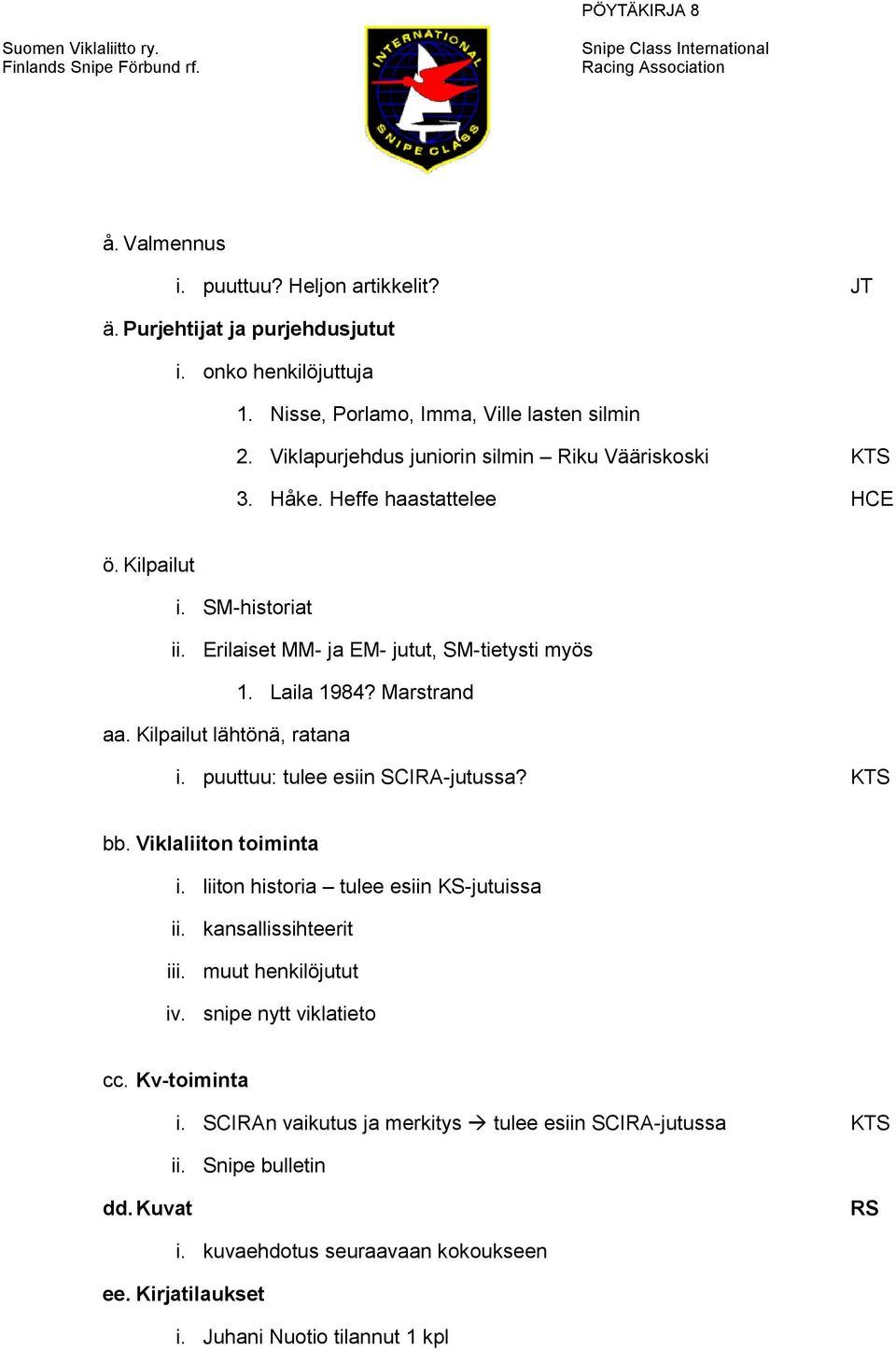 Marstrand aa. Kilpailut lähtönä, ratana i. puuttuu: tulee esiin SCIRA-jutussa? KTS bb. Viklaliiton toiminta i. liiton historia tulee esiin KS-jutuissa ii. kansallissihteerit iii.