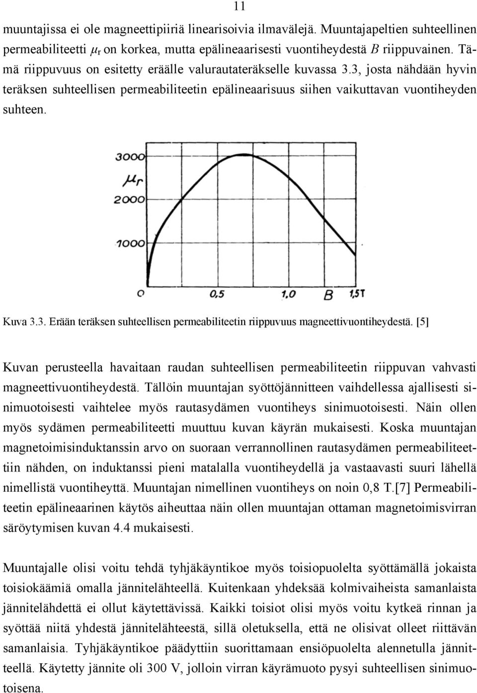 [5] Kuvan perusteella havaitaan raudan suhteellisen permeabiliteetin riippuvan vahvasti magneettivuontiheydestä.