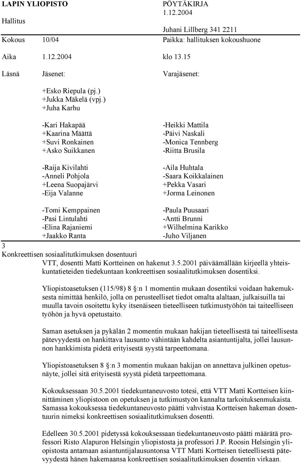 ) +Juha Karhu -Kari Hakapää +Kaarina Määttä +Suvi Ronkainen +Asko Suikkanen -Raija Kivilahti -Anneli Pohjola +Leena Suopajärvi -Eija Valanne -Heikki Mattila -Päivi Naskali -Monica Tennberg -Riitta