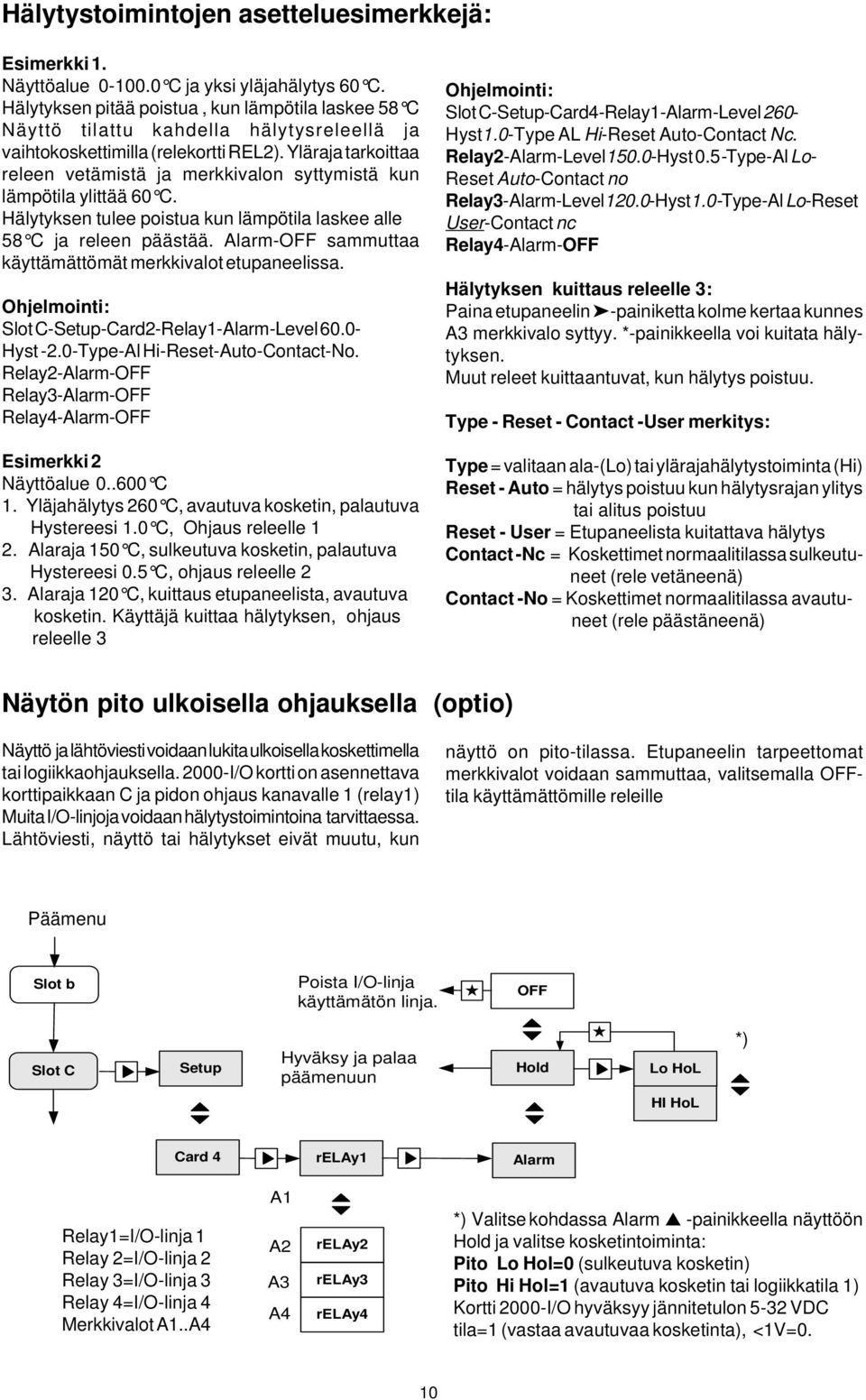 Yläraja tarkoittaa releen vetämistä ja merkkivalon syttymistä kun lämpötila ylittää 0 C. Hälytyksen tulee poistua kun lämpötila laskee alle 8 C ja releen päästää.