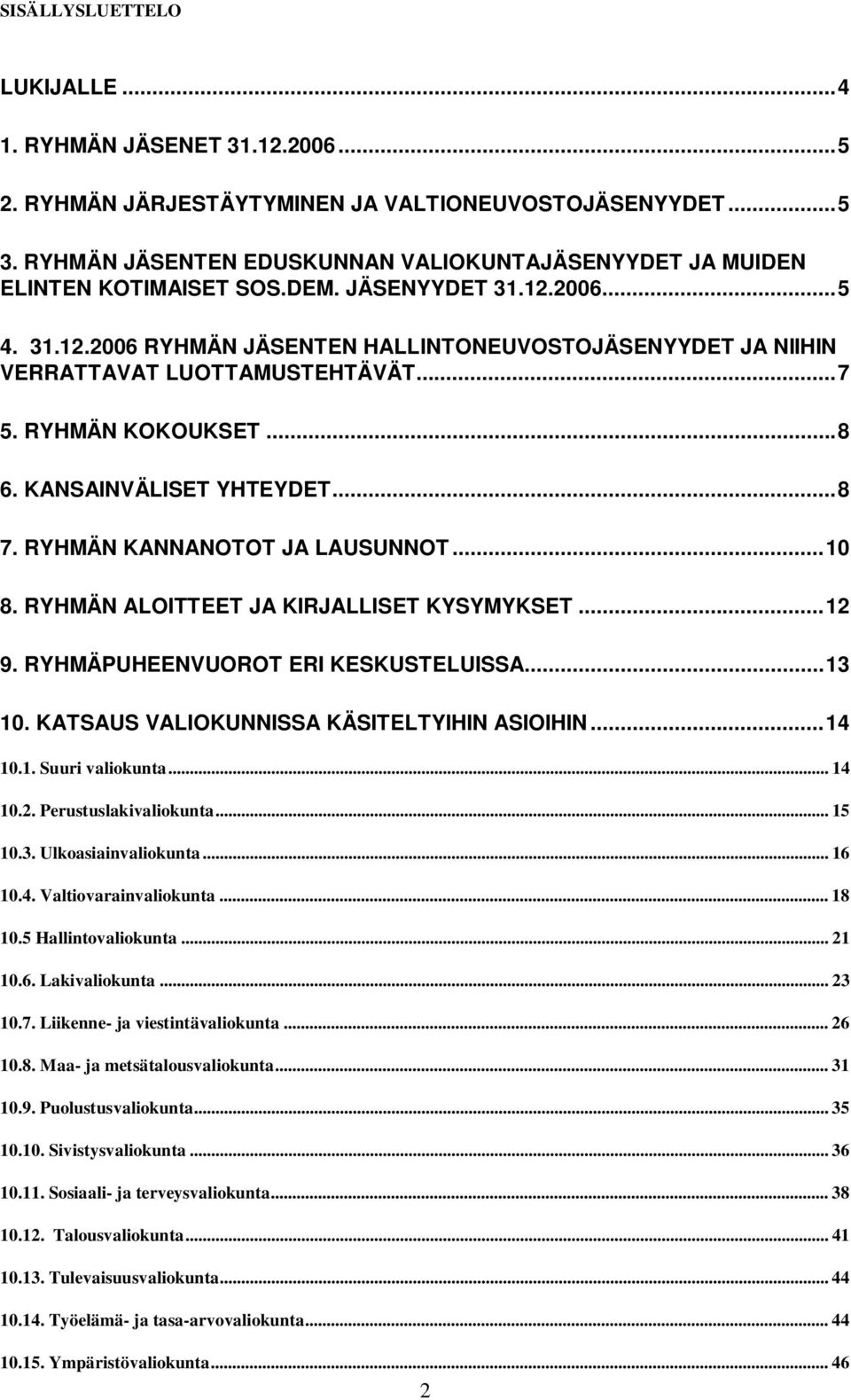 ..7 5. RYHMÄN KOKOUKSET...8 6. KANSAINVÄLISET YHTEYDET...8 7. RYHMÄN KANNANOTOT JA LAUSUNNOT...10 8. RYHMÄN ALOITTEET JA KIRJALLISET KYSYMYKSET...12 9. RYHMÄPUHEENVUOROT ERI KESKUSTELUISSA...13 10.