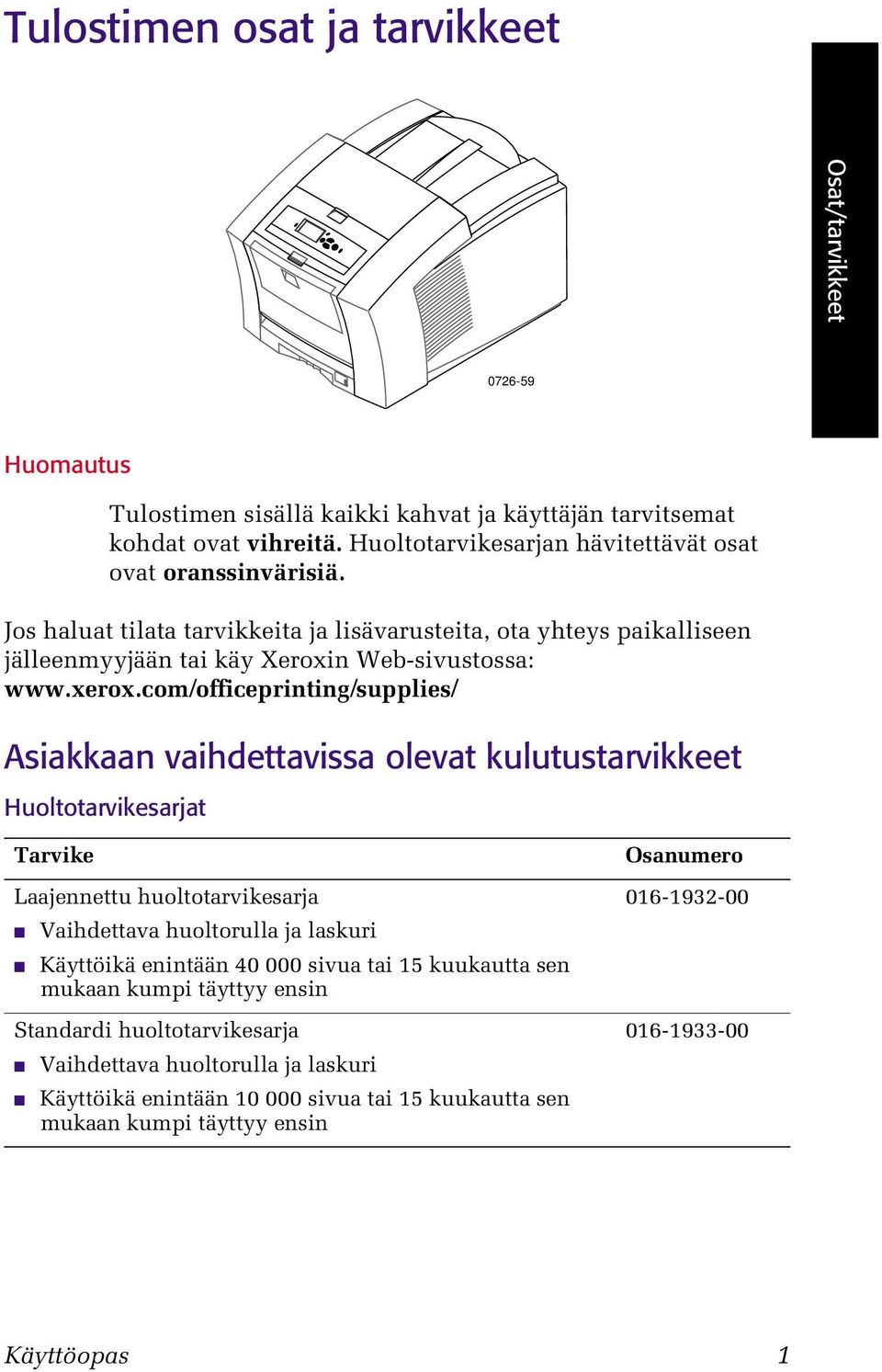 com/officeprinting/supplies/ Asiakkaan vaihdettavissa olevat kulutustarvikkeet Huoltotarvikesarjat Tarvike Laajennettu huoltotarvikesarja Vaihdettava huoltorulla ja laskuri Käyttöikä enintään 40