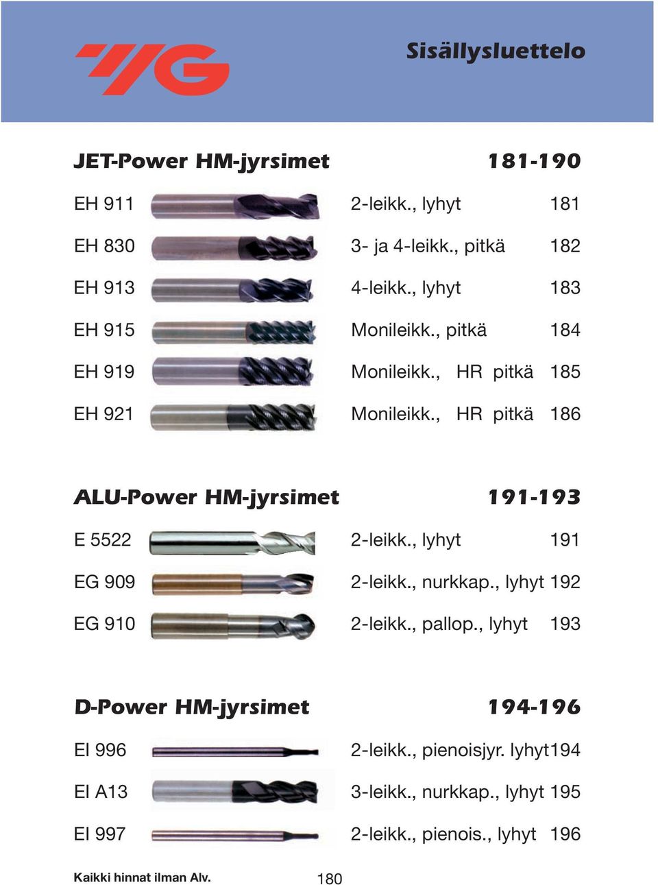 , HR pitkä 186 ALU-Power HM-jyrsimet 191-193 E 5522 2-leikk., lyhyt 191 EG 909 2-leikk., nurkkap., lyhyt 192 EG 910 2-leikk.