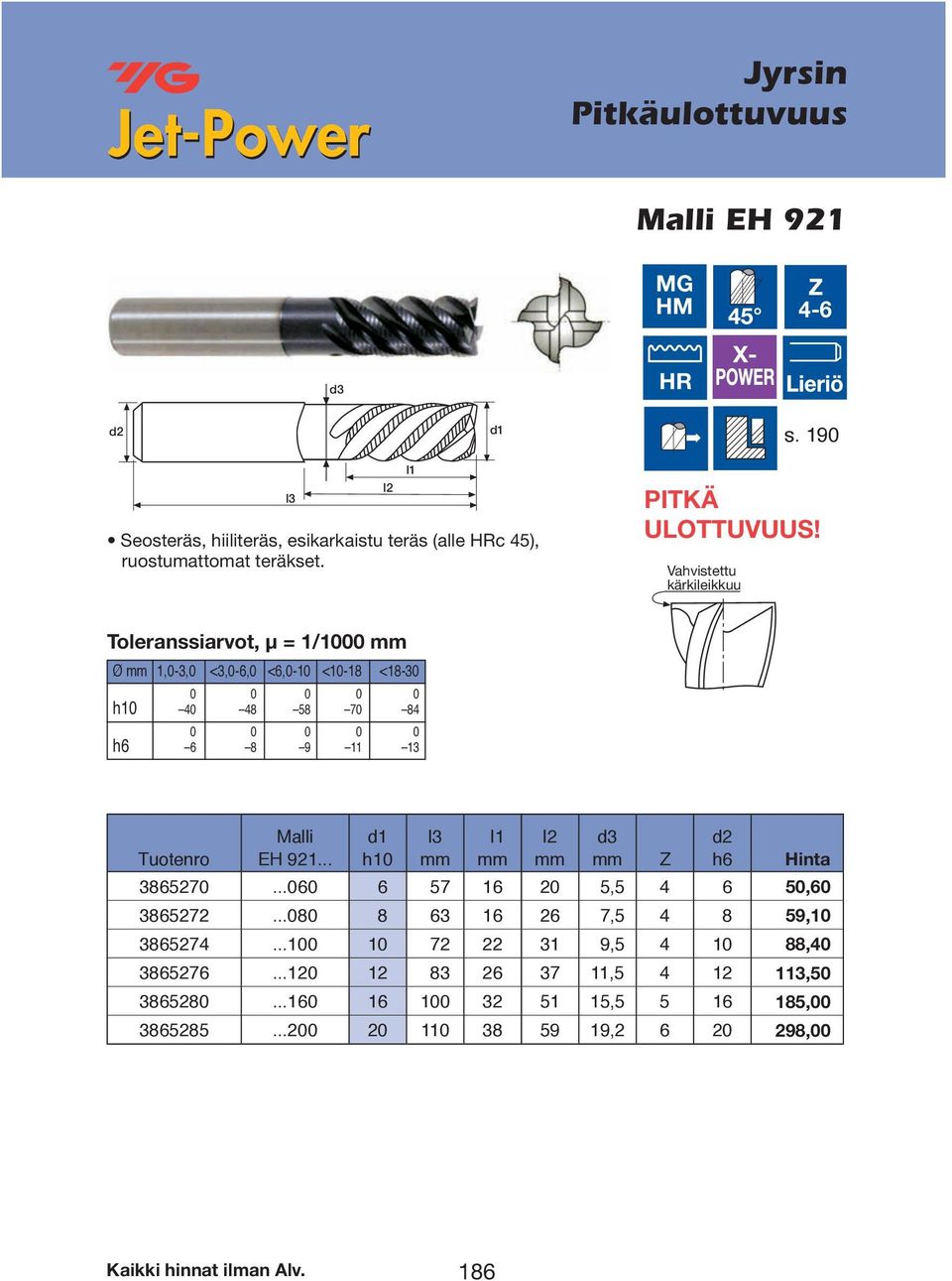 Vahvistettu kärkileikkuu Toleranssiarvot, µ = 1/1000 Ø 1,0-3,0 <3,0-6,0 <6,0-10 <10-18 <18-30 h10 40 48 58 70 84 h6 6 8 9 11 13 Malli EH 921.