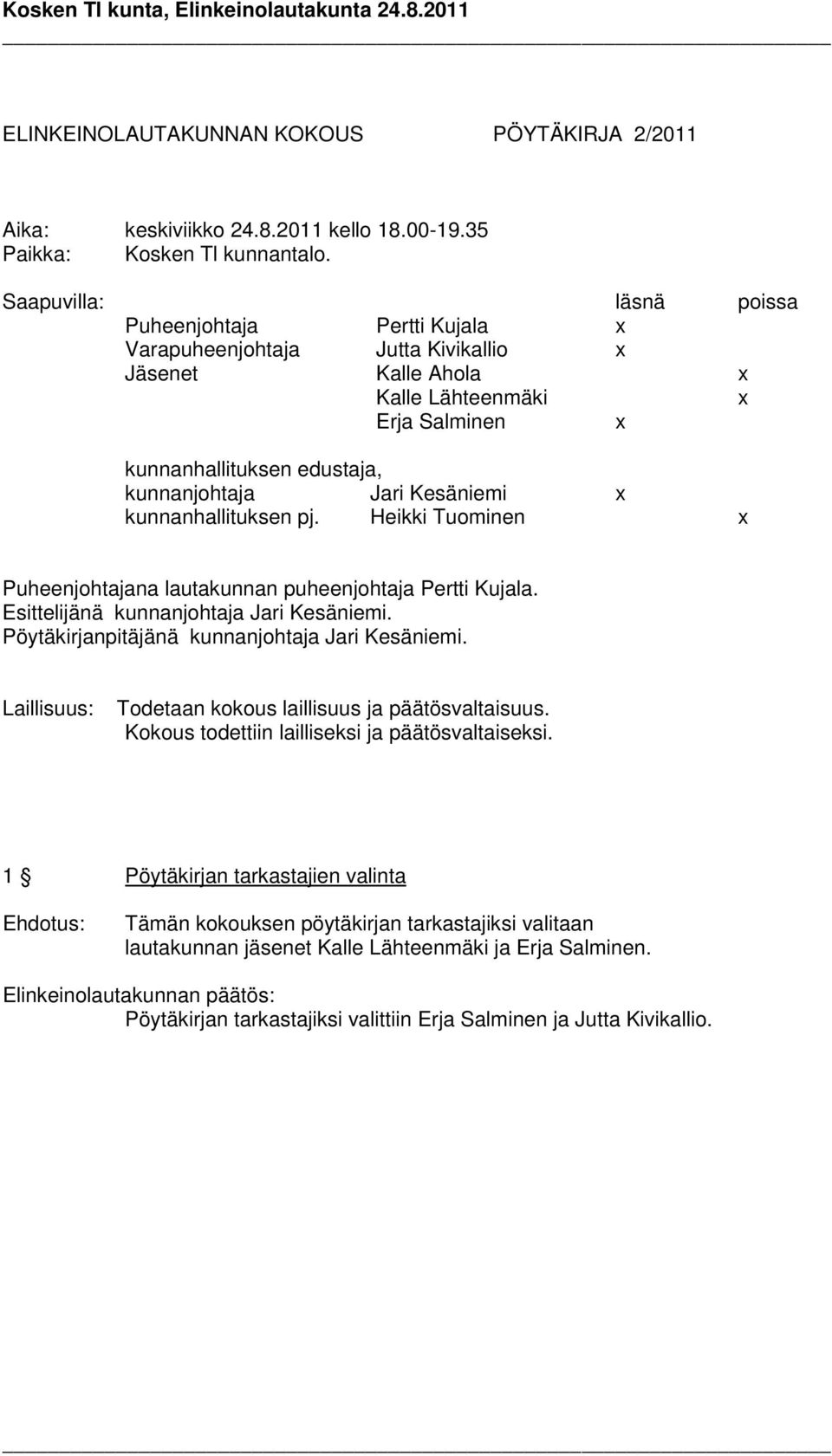 Kesäniemi x kunnanhallituksen pj. Heikki Tuominen x Puheenjohtajana lautakunnan puheenjohtaja Pertti Kujala. Esittelijänä kunnanjohtaja Jari Kesäniemi.