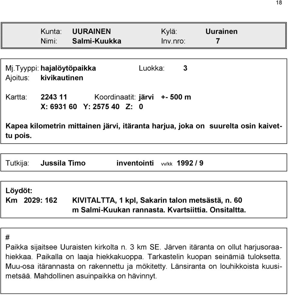 on suurelta osin kaivettu pois. Tutkija: Jussila Timo inventointi vv/kk 1992 / 9 Löydöt: Km 2029: 162 KIVITALTTA, 1 kpl, Sakarin talon metsästä, n. 60 m Salmi-Kuukan rannasta.