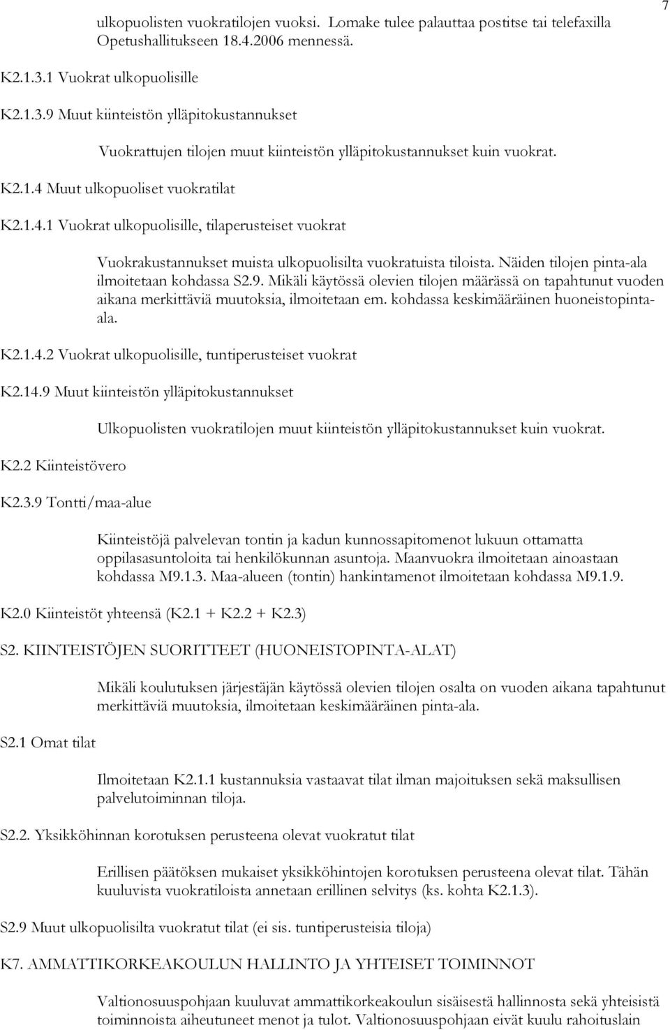 Muut ulkopuoliset vuokratilat K2.1.4.1 Vuokrat ulkopuolisille, tilaperusteiset vuokrat Vuokrakustannukset muista ulkopuolisilta vuokratuista tiloista. Näiden tilojen pinta-ala ilmoitetaan kohdassa S2.