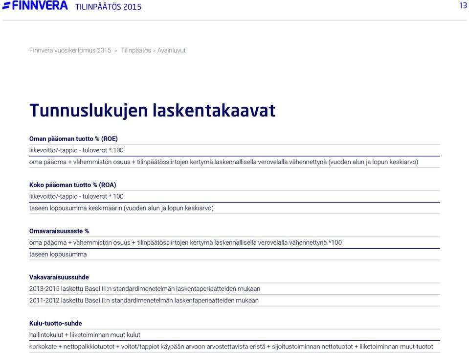 keskiarvo) Omavaraisuusaste % oma pääoma + vähemmistön osuus + tilinpäätössiirtojen kertymä laskennallisella verovelalla vähennettynä *100 taseen loppusumma Vakavaraisuussuhde 2013- laskettu Basel