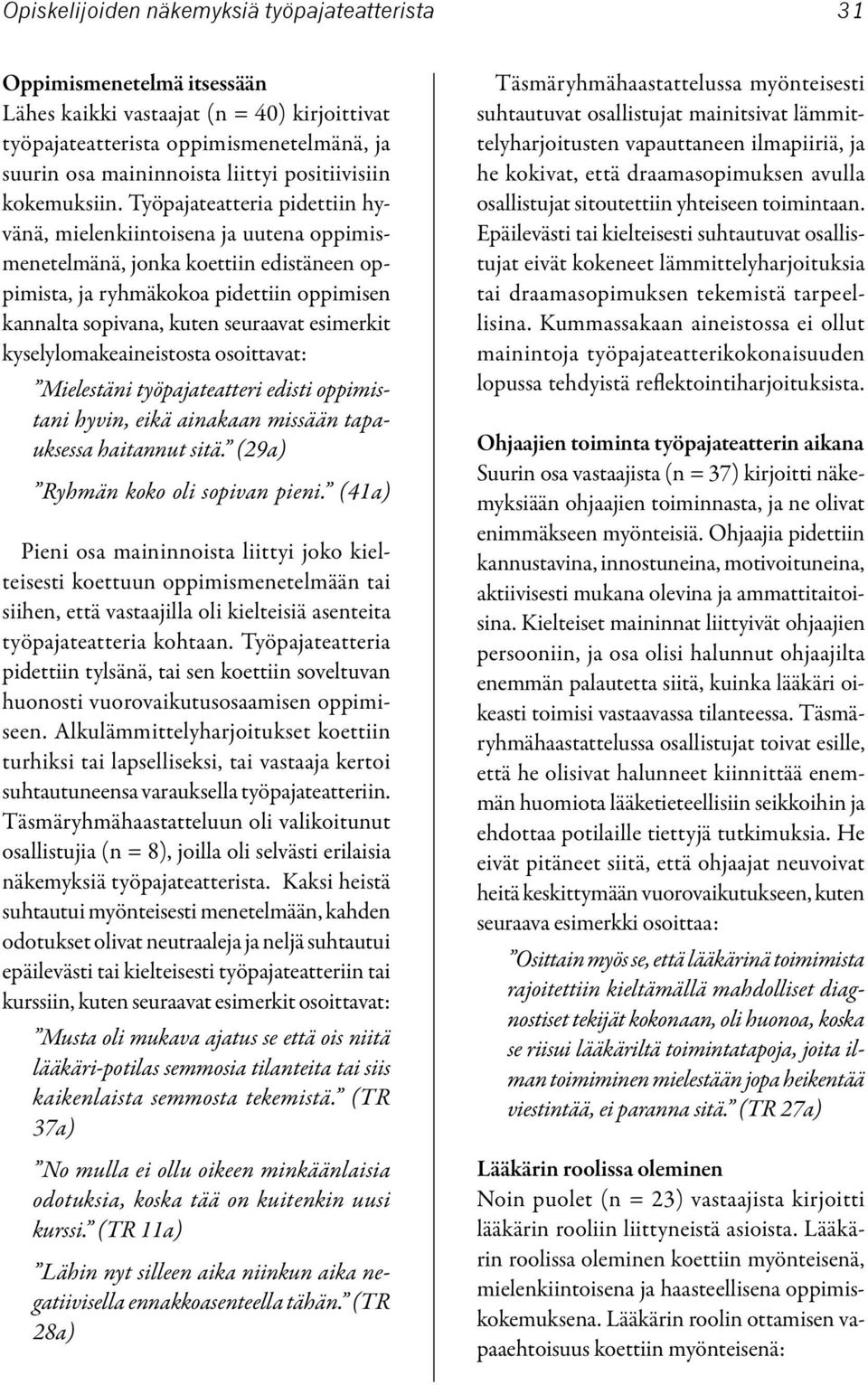 Työpajateatteria pidettiin hyvänä, mielenkiintoisena ja uutena oppimismenetelmänä, jonka koettiin edistäneen oppimista, ja ryhmäkokoa pidettiin oppimisen kannalta sopivana, kuten seuraavat esimerkit