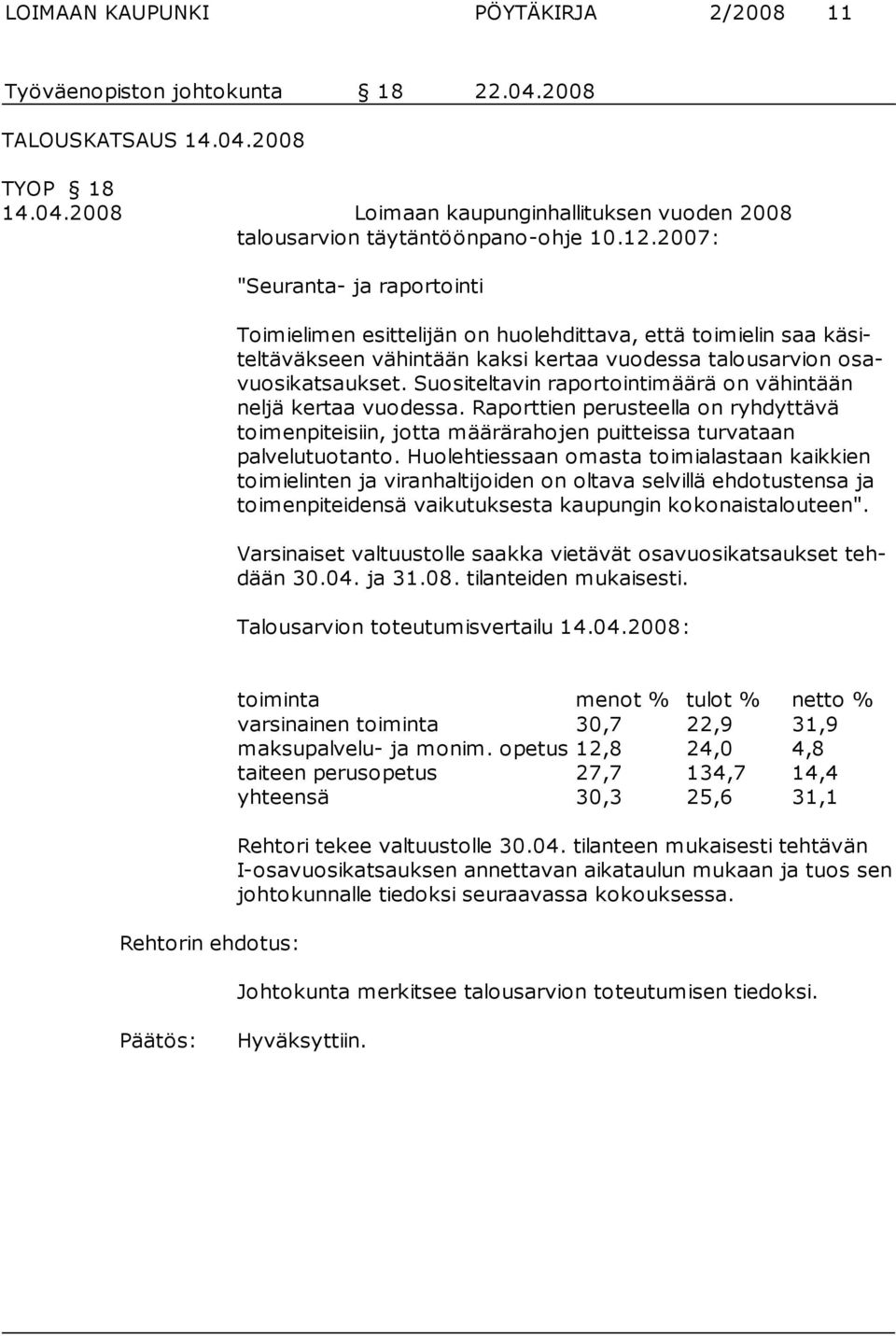 Suositeltavin raportointimäärä on vähintään nel jä kertaa vuodessa. Raporttien perusteella on ryhdyttävä toimen piteisiin, jotta määrärahojen puitteissa turvataan palvelutuotanto.