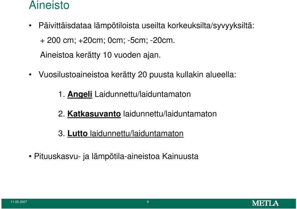 Vuosilustoaineistoa kerätty 20 puusta kullakin alueella: 1.