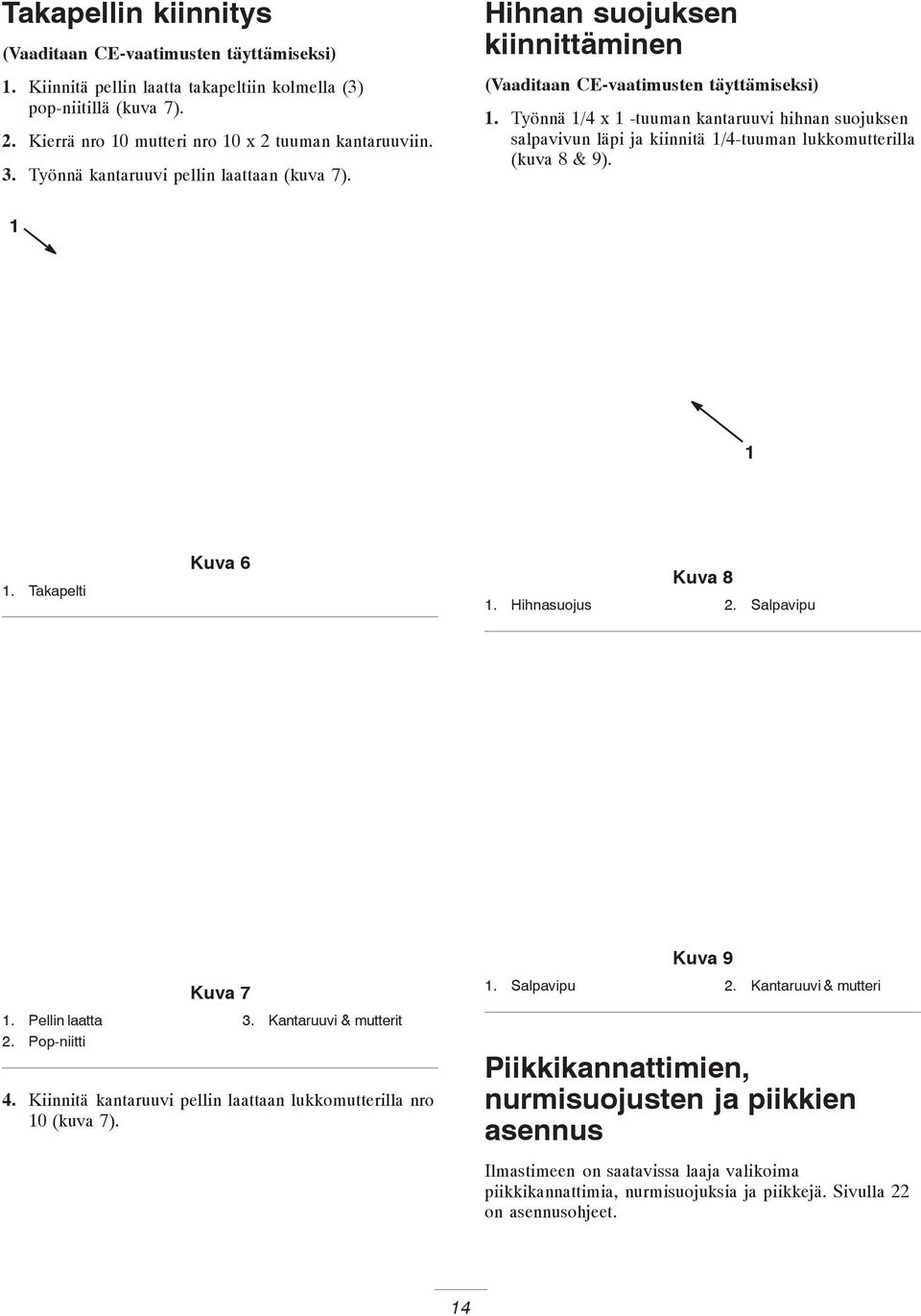 Työnnä /4 x -tuuman kantaruuvi hihnan suojuksen salpavivun läpi ja kiinnitä /4-tuuman lukkomutterilla (kuva 8 & 9).. Takapelti Kuva 6 Kuva 8. Hihnasuojus. Salpavipu 3. Pellin laatta.