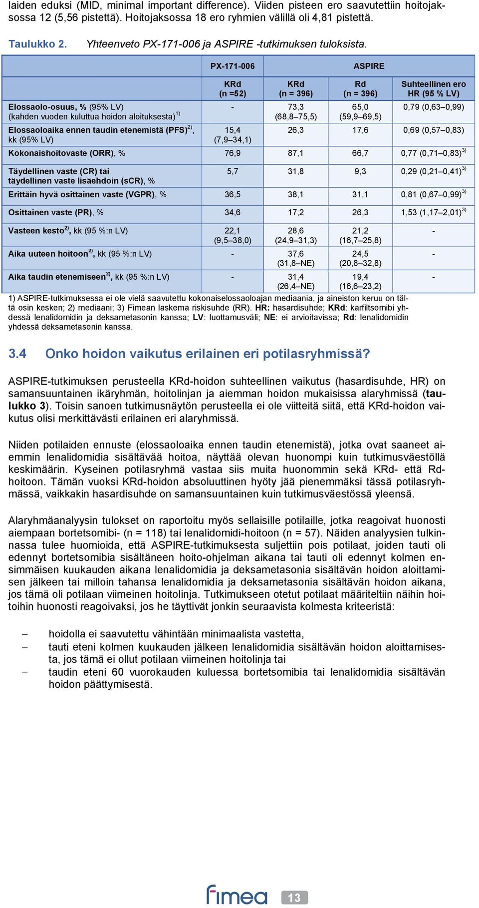 PX-171-006 ASPIRE KRd (n =52) KRd (n = 396) Elossaolo-osuus, % (95% LV) - 73,3 (kahden vuoden kuluttua hoidon aloituksesta) 1) (68,8 75,5) Elossaoloaika ennen taudin etenemistä (PFS) 2), kk (95% LV)