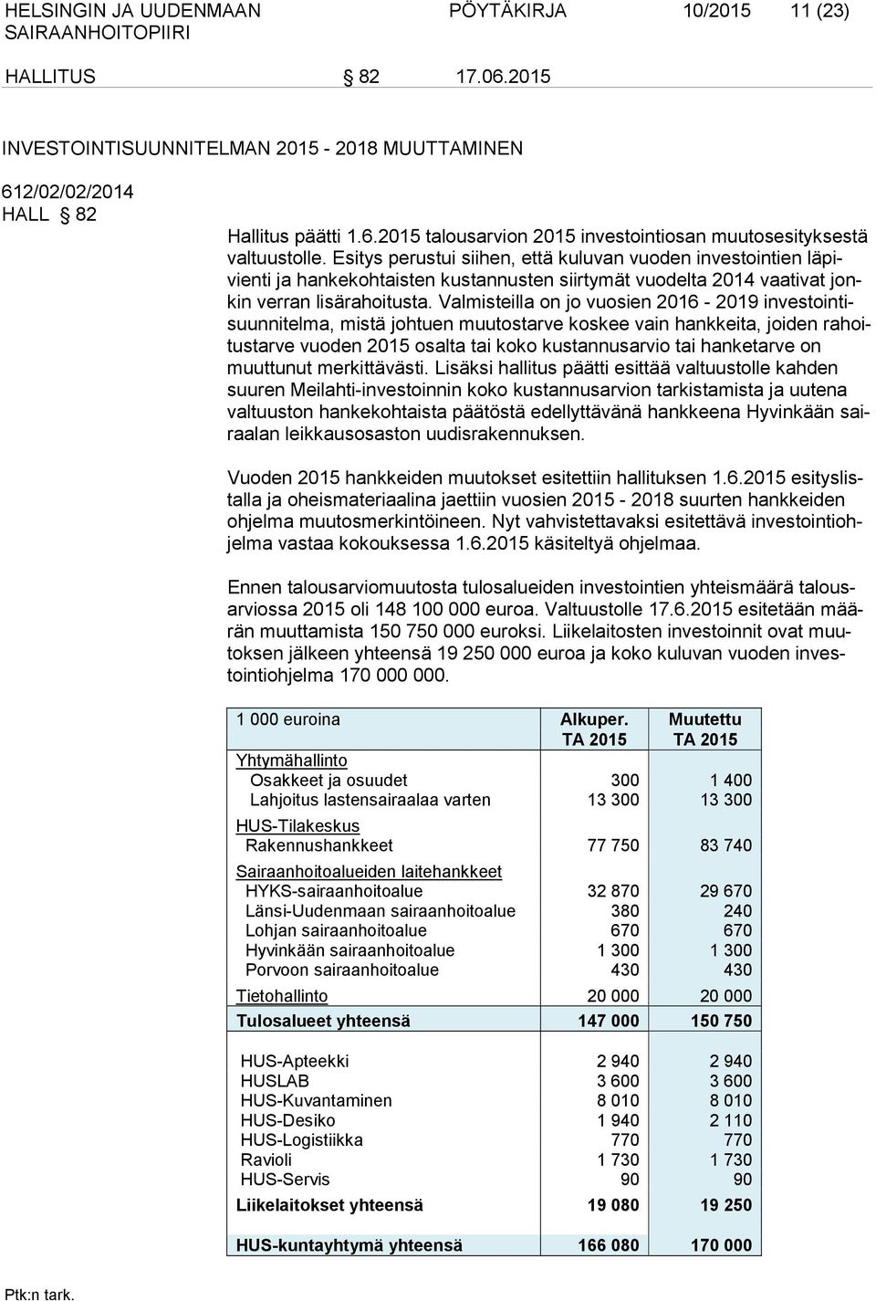 Valmisteilla on jo vuosien 2016-2019 investointisuunnitelma, mistä johtuen muutostarve koskee vain hankkeita, joiden rahoitustarve vuoden 2015 osalta tai koko kustannusarvio tai hanketarve on