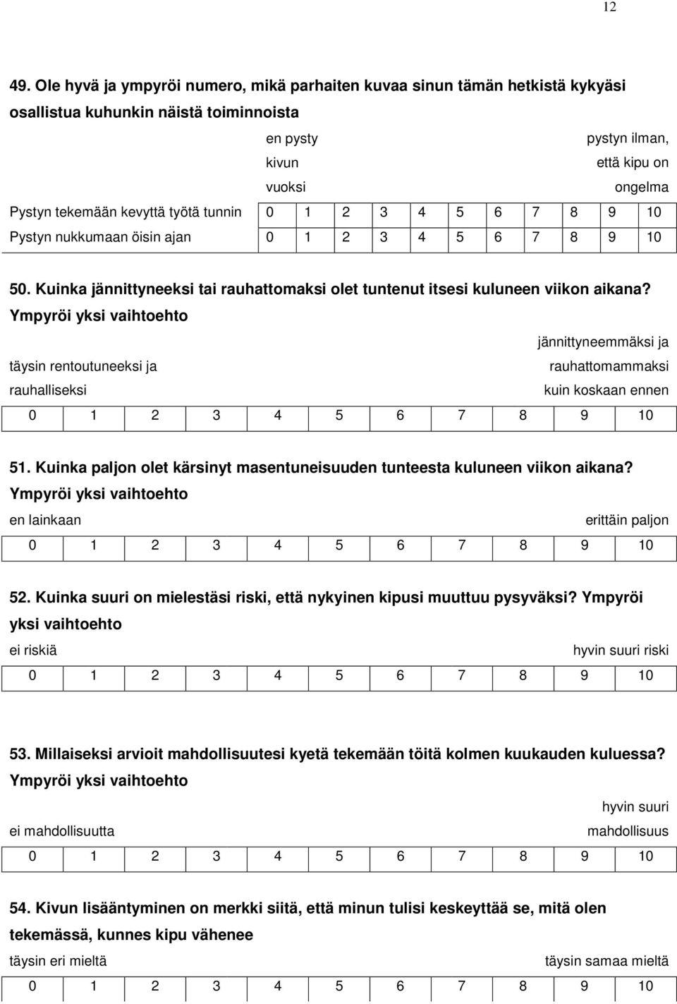 työtä tunnin 0 5 6 7 8 9 10 Pystyn nukkumaan öisin ajan 0 5 6 7 8 9 10 50. Kuinka jännittyneeksi tai rauhattomaksi olet tuntenut itsesi kuluneen viikon aikana?