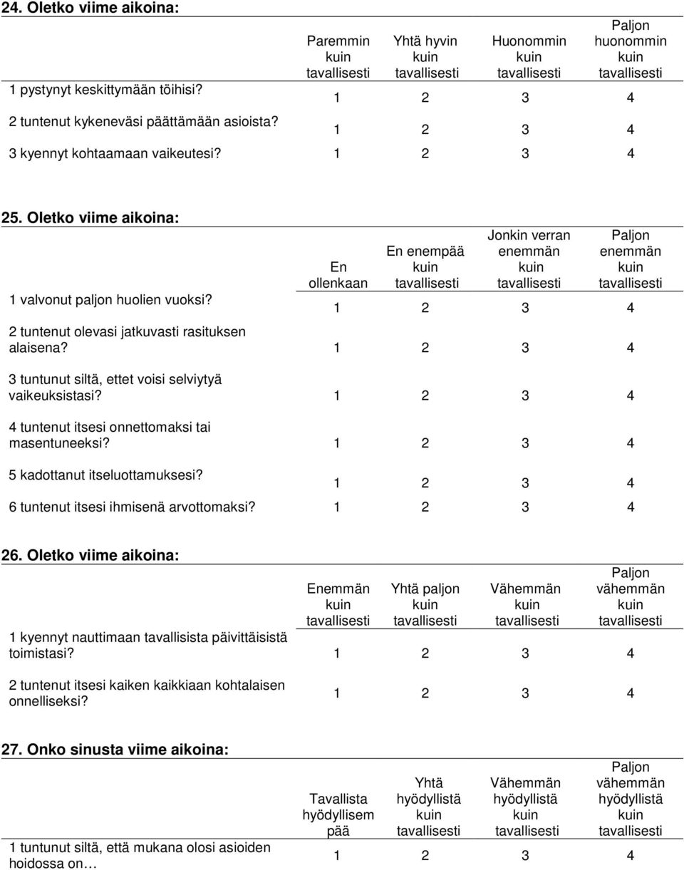 3 tuntunut siltä, ettet voisi selviytyä vaikeuksistasi? 4 tuntenut itsesi onnettomaksi tai masentuneeksi? 5 kadottanut itseluottamuksesi? 6 tuntenut itsesi ihmisenä arvottomaksi? 26.