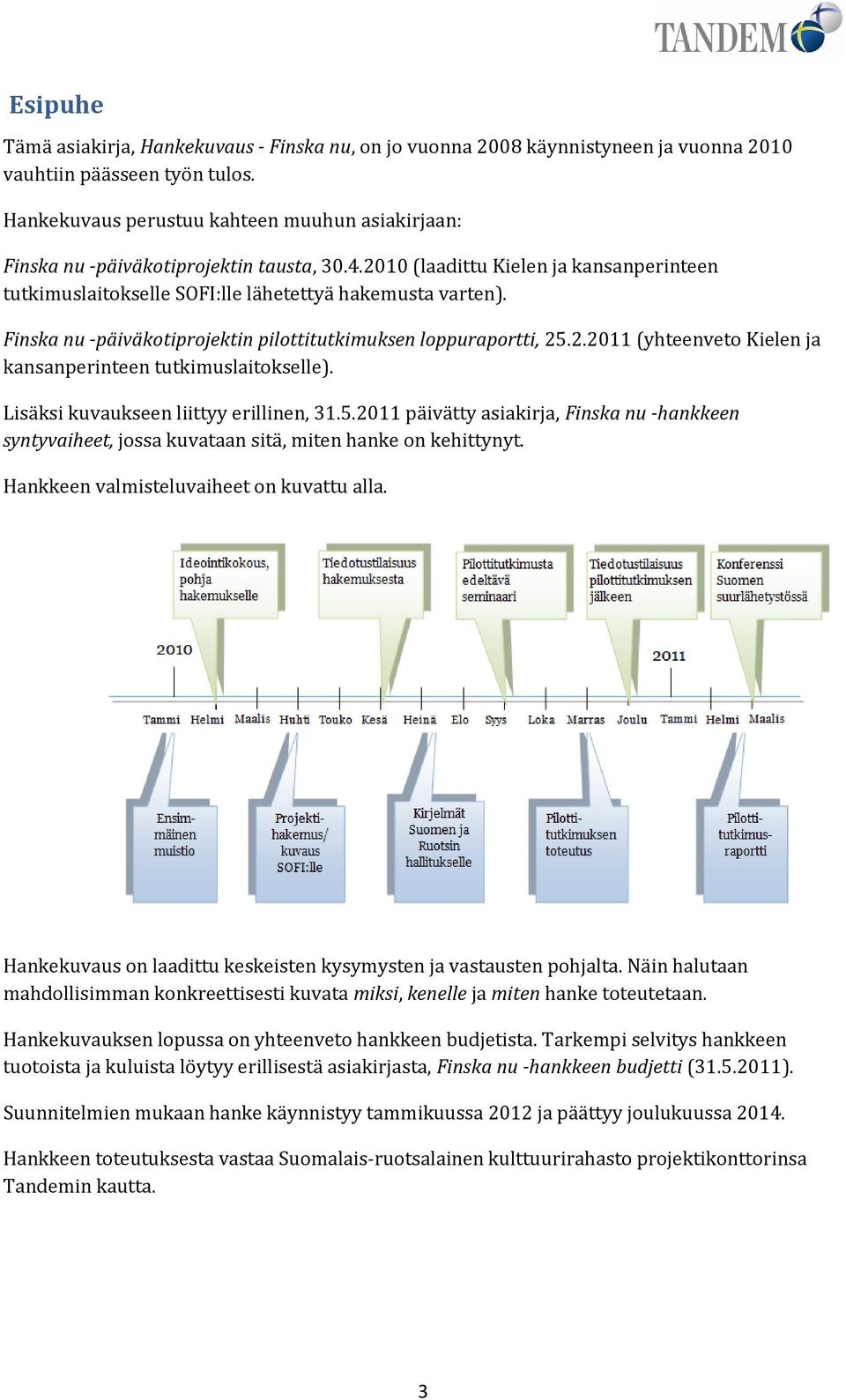 Finska nu -päiväkotiprojektin pilottitutkimuksen loppuraportti, 25.2.2011 (yhteenveto Kielen ja kansanperinteen tutkimuslaitokselle). Lisäksi kuvaukseen liittyy erillinen, 31.5.2011 päivätty asiakirja, Finska nu -hankkeen syntyvaiheet, jossa kuvataan sitä, miten hanke on kehittynyt.