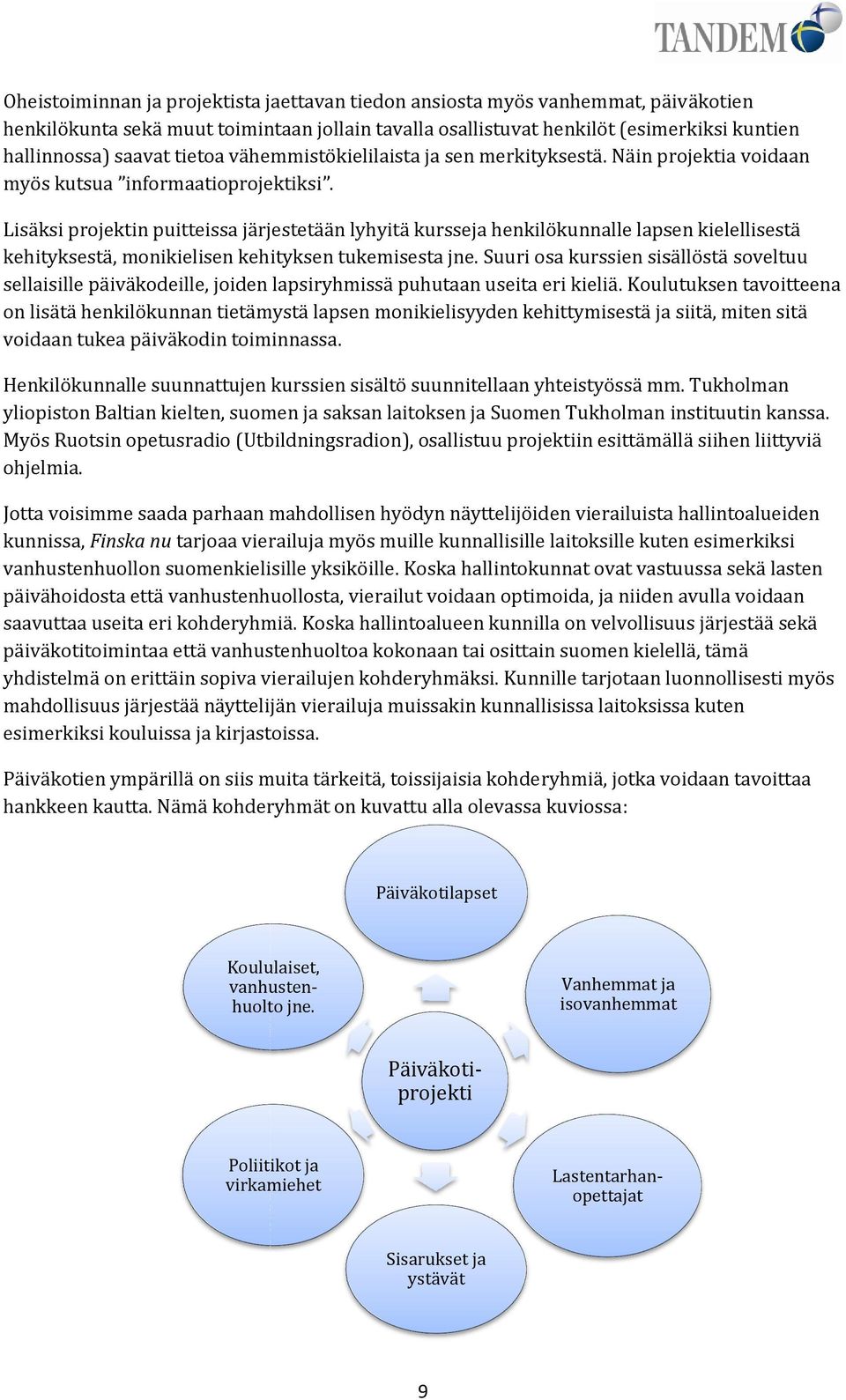 Lisäksi projektin puitteissa teissa järjestetään lyhyitä kursseja henkilökunnalle lapsen kielellisestä kehityksestä, monikielisen kehityksen tukemisesta jne.