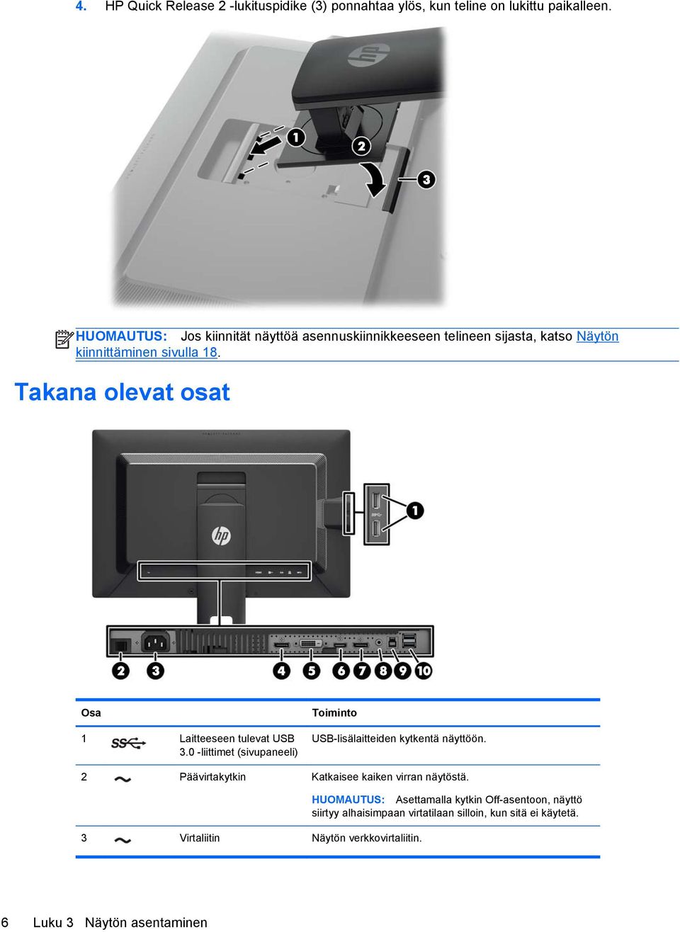 Takana olevat osat Osa 1 Laitteeseen tulevat USB 3.0 -liittimet (sivupaneeli) Toiminto USB-lisälaitteiden kytkentä näyttöön.