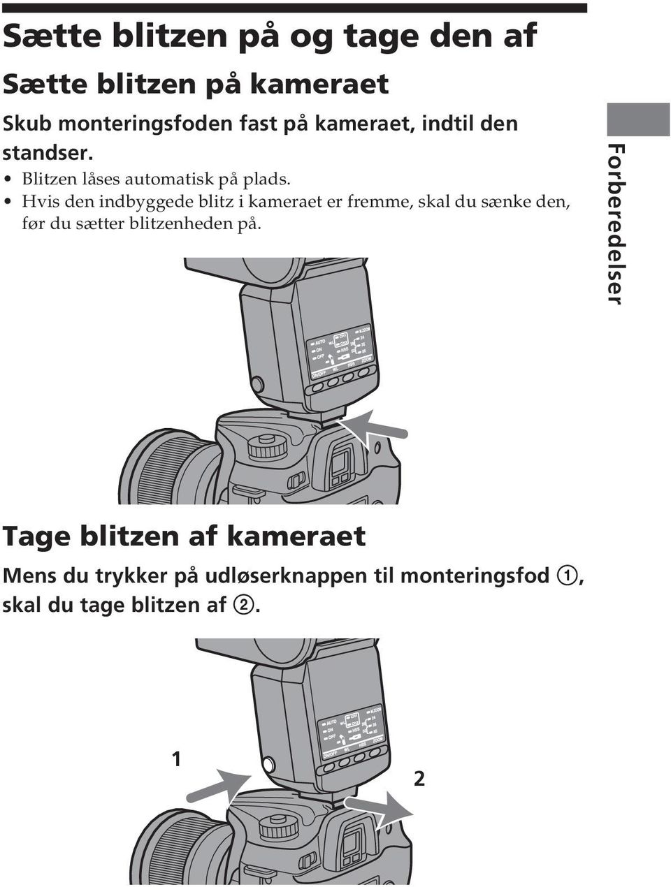 Hvis den indbyggede blitz i kameraet er fremme, skal du sænke den, før du sætter blitzenheden