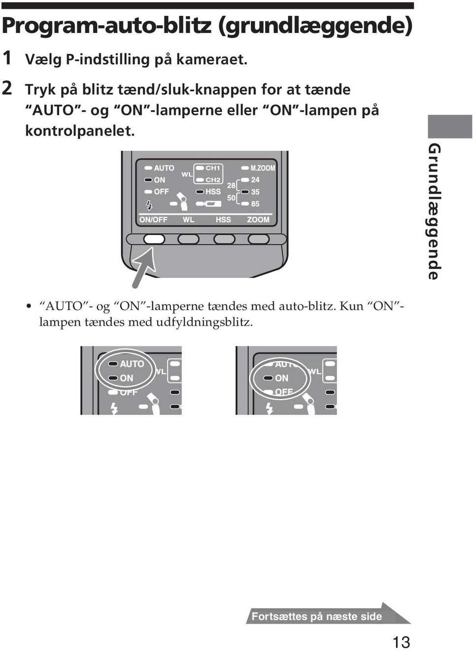 -lampen på kontrolpanelet. AUTO - og ON -lamperne tændes med auto-blitz.