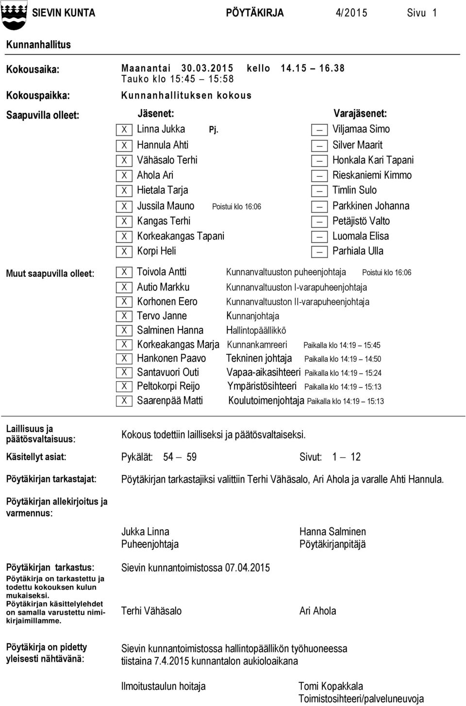 Viljamaa Simo X Hannula Ahti Silver Maarit X Vähäsalo Terhi Honkala Kari Tapani X Ahola Ari Rieskaniemi Kimmo X Hietala Tarja Timlin Sulo X Jussila Mauno Poistui klo 16:06 Parkkinen Johanna X Kangas