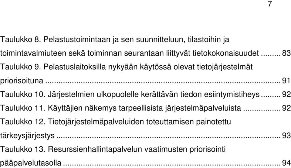 Järjestelmien ulkopuolelle kerättävän tiedon esiintymistiheys... 92 Taulukko 11. Käyttäjien näkemys tarpeellisista järjestelmäpalveluista.