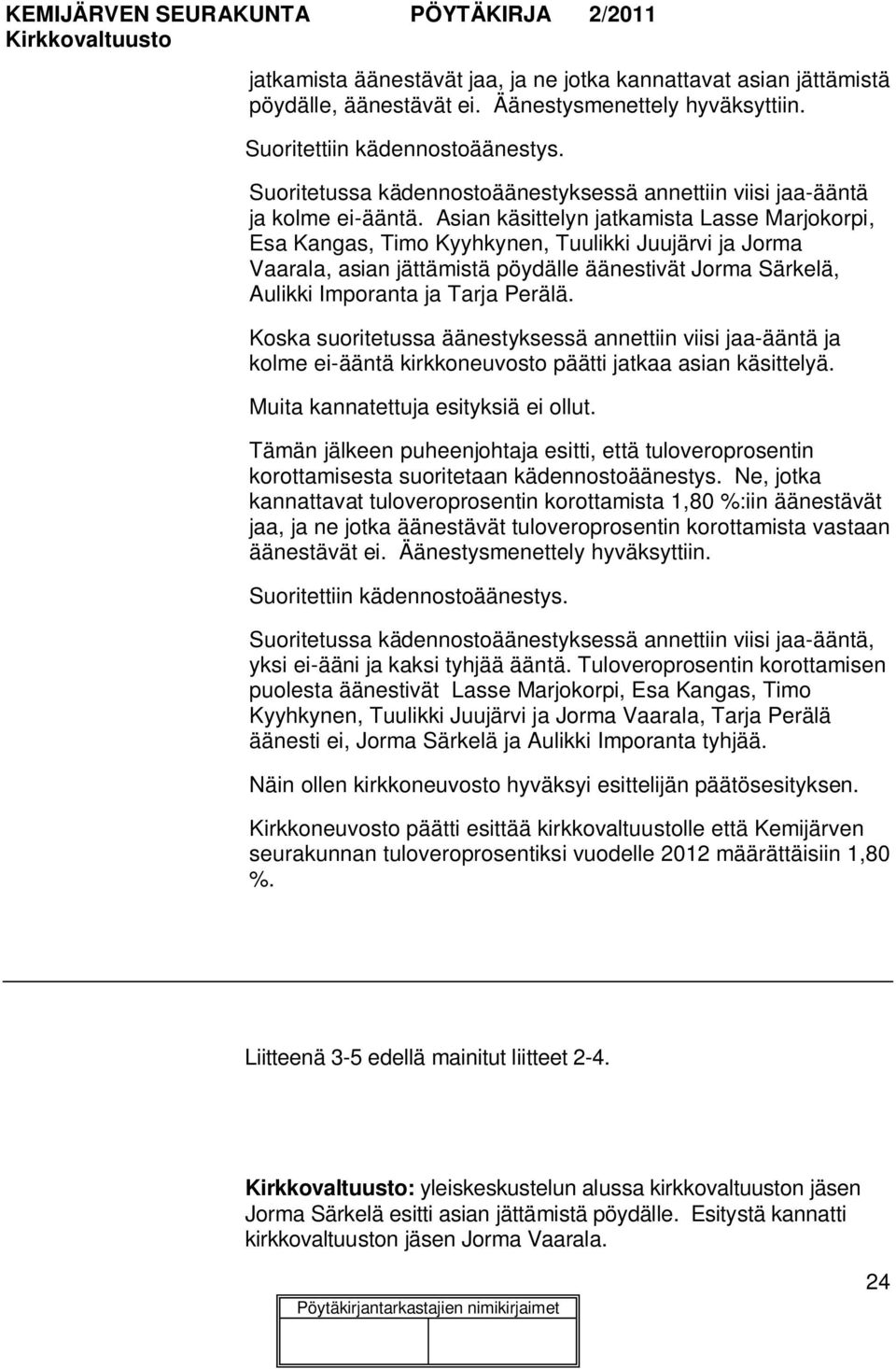 Asian käsittelyn jatkamista Lasse Marjokorpi, Esa Kangas, Timo Kyyhkynen, Tuulikki Juujärvi ja Jorma Vaarala, asian jättämistä pöydälle äänestivät Jorma Särkelä, Aulikki Imporanta ja Tarja Perälä.