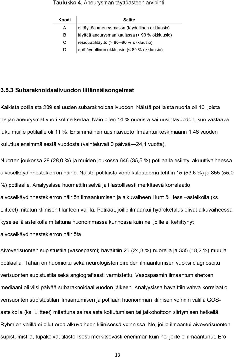 epätäydellinen okkluusio (< 80 % okkluusio) 3.5.3 Subaraknoidaalivuodon liitännäisongelmat Kaikista potilaista 239 sai uuden subaraknoidaalivuodon.