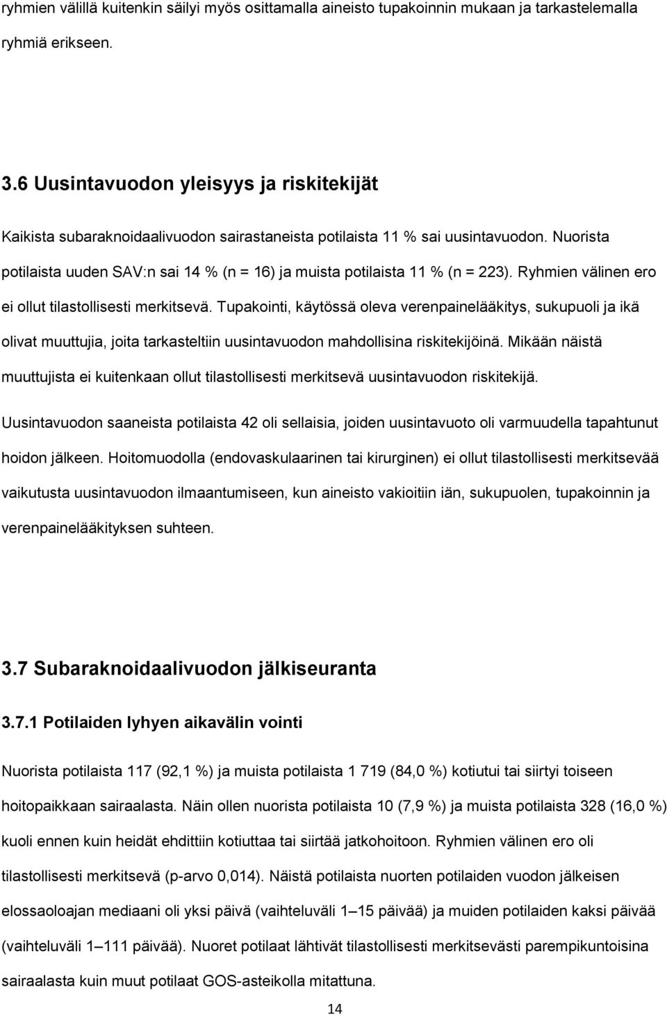 Nuorista potilaista uuden SAV:n sai 14 % (n = 16) ja muista potilaista 11 % (n = 223). Ryhmien välinen ero ei ollut tilastollisesti merkitsevä.