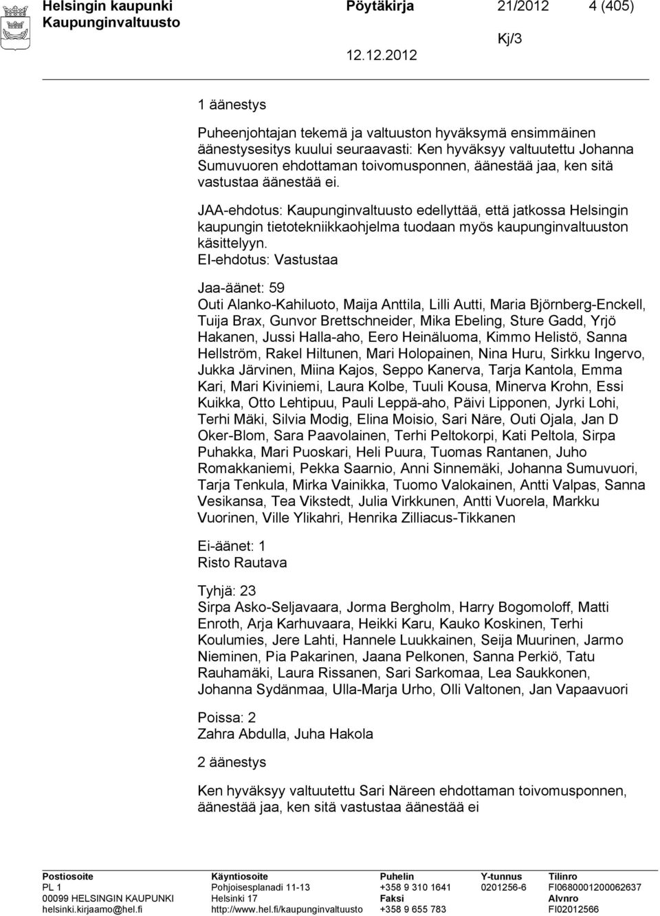 EI-ehdotus: Vastustaa Jaa-äänet: 59 Outi Alanko-Kahiluoto, Maija Anttila, Lilli Autti, Maria Björnberg-Enckell, Tuija Brax, Gunvor Brettschneider, Mika Ebeling, Sture Gadd, Yrjö Hakanen, Jussi