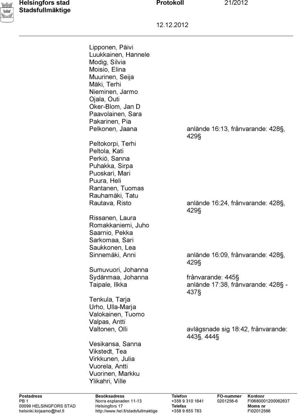 Rauhamäki, Tatu Rautava, Risto anlände 16:24, frånvarande: 428, 429 Rissanen, Laura Romakkaniemi, Juho Saarnio, Pekka Sarkomaa, Sari Saukkonen, Lea Sinnemäki, Anni anlände 16:09, frånvarande: 428,