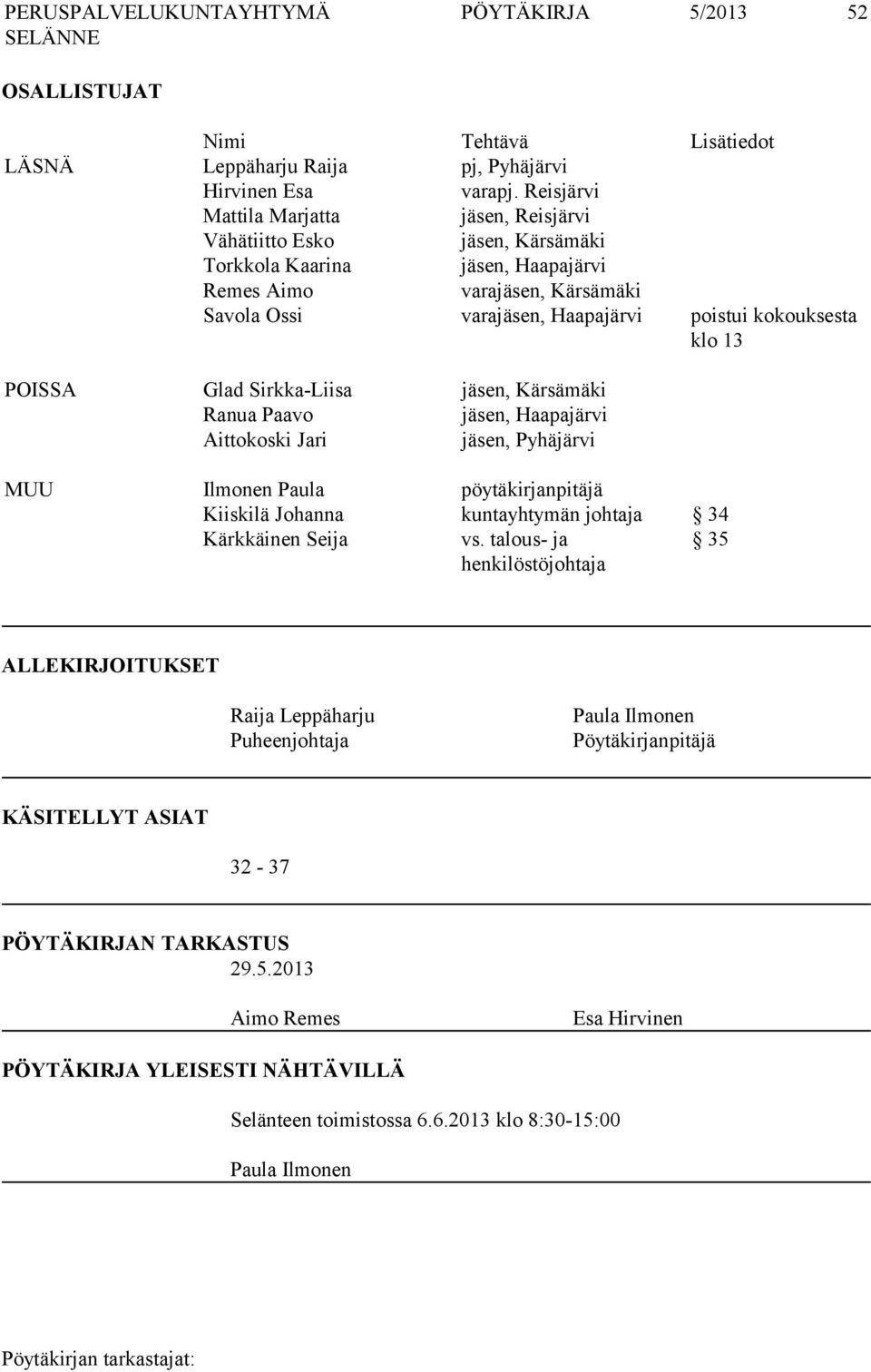 klo 13 POISSA Glad Sirkka-Liisa jäsen, Kärsämäki Ranua Paavo jäsen, Haapajärvi Aittokoski Jari jäsen, Pyhäjärvi MUU Ilmonen Paula pöytäkirjanpitäjä Kiiskilä Johanna kuntayhtymän johtaja 34 Kärkkäinen