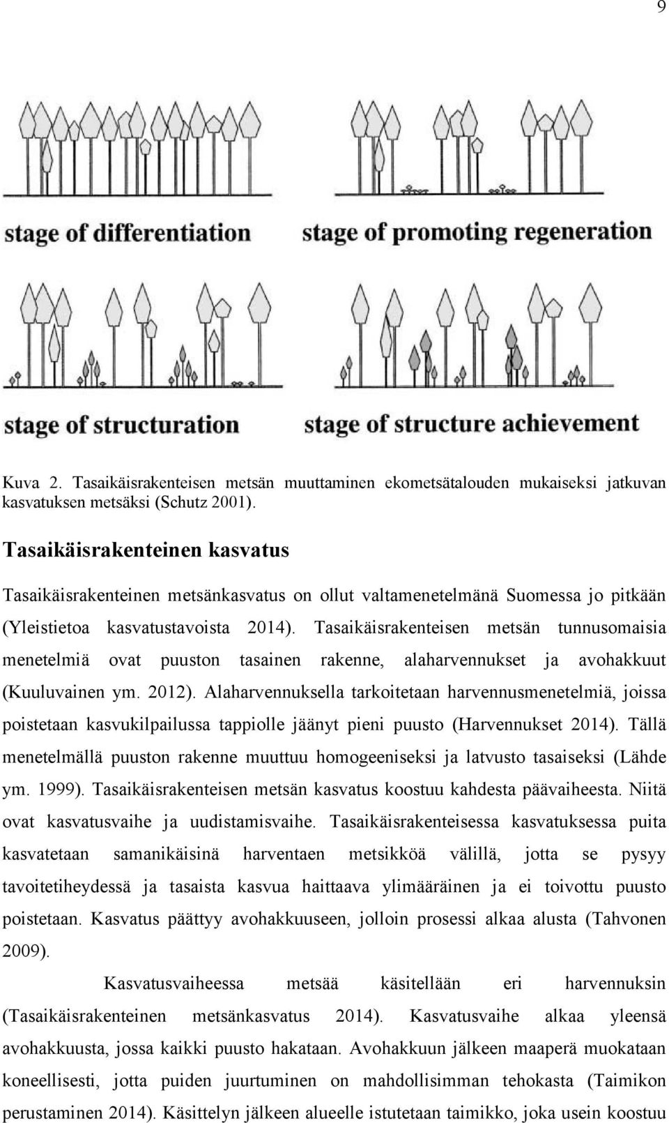 Tasaikäisrakenteisen metsän tunnusomaisia menetelmiä ovat puuston tasainen rakenne, alaharvennukset ja avohakkuut (Kuuluvainen ym. 2012).