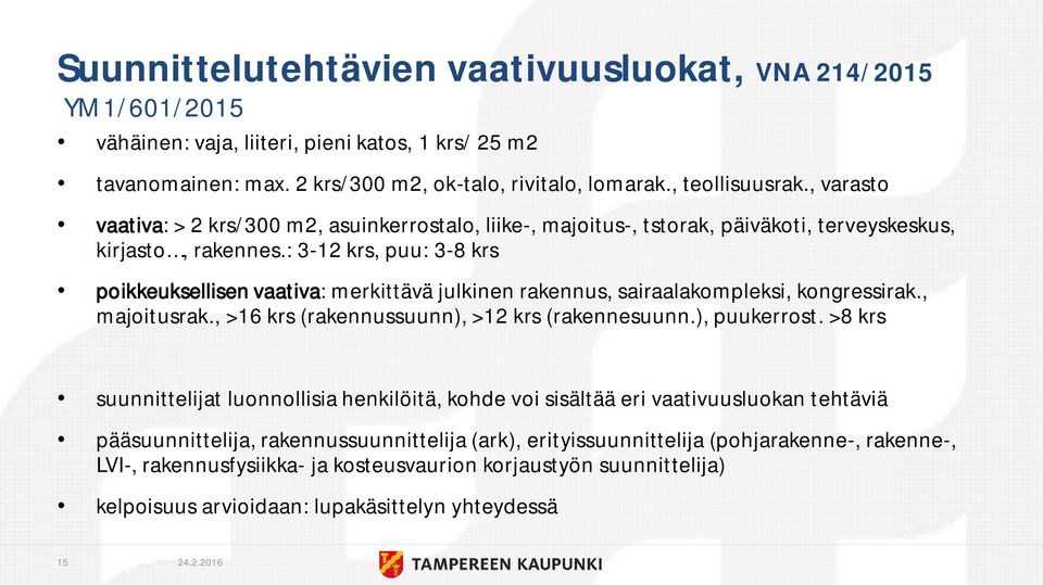 : 3-12 krs, puu: 3-8 krs poikkeuksellisen vaativa: merkittävä julkinen rakennus, sairaalakompleksi, kongressirak., majoitusrak., >16 krs (rakennussuunn), >12 krs (rakennesuunn.), puukerrost.