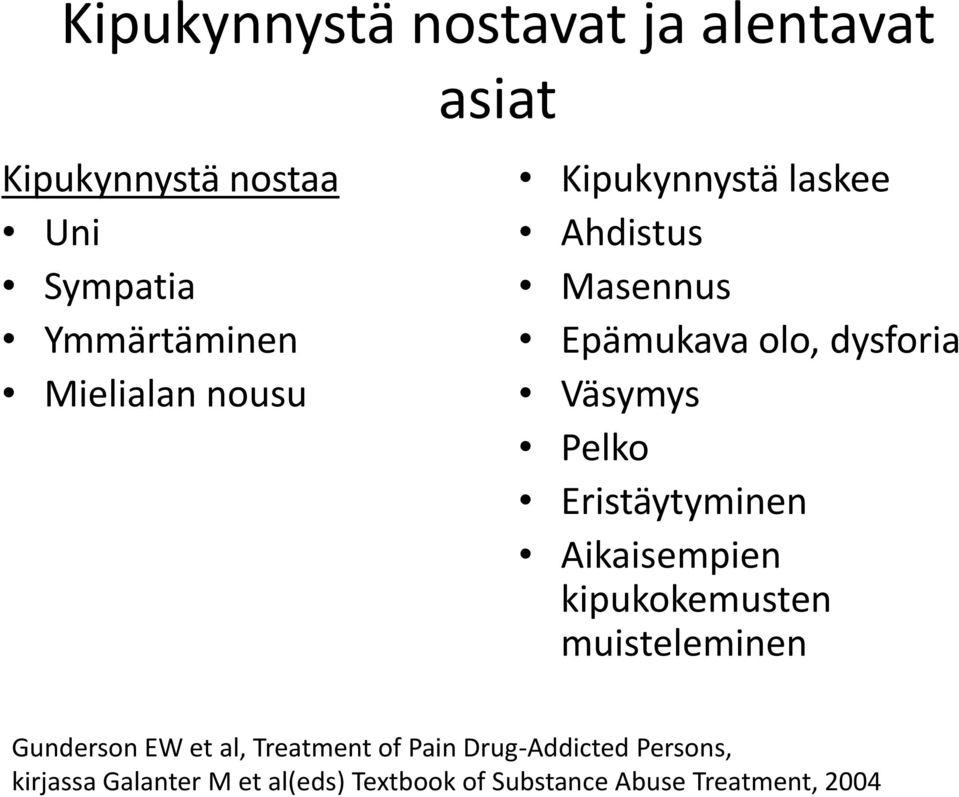 Eristäytyminen Aikaisempien kipukokemusten muisteleminen Gunderson EW et al, Treatment of