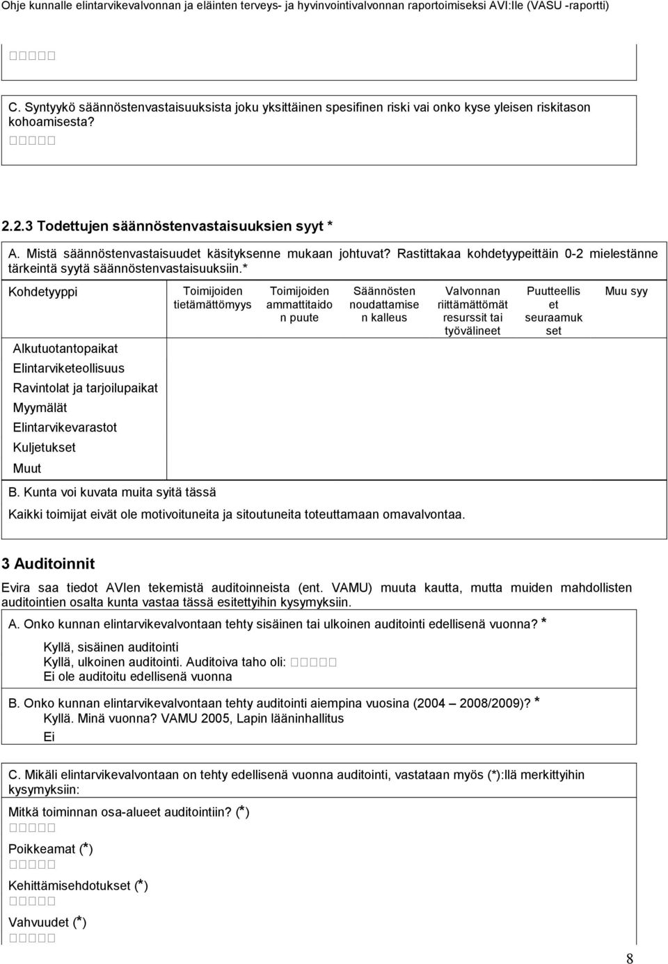 * Kohdetyyppi Toimijoiden tietämättömyys Toimijoiden ammattitaido n puute Säännösten noudattamise n kalleus Valvonnan riittämättömät resurssit tai työvälineet Puutteellis et seuraamuk set Muu syy