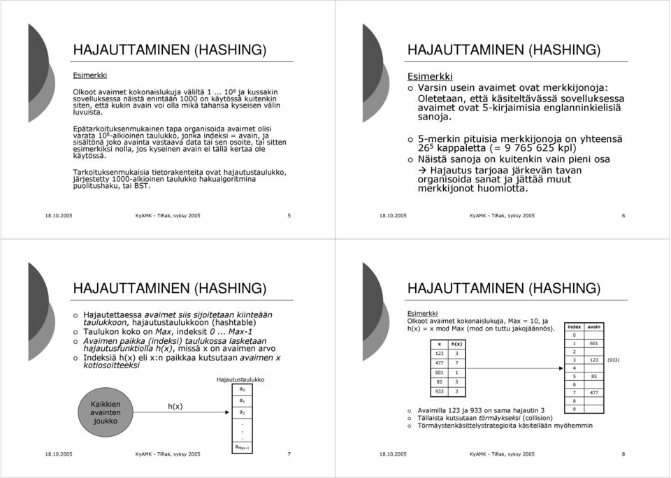 Epätarkoituksenmukainen tapa organisoida avaimet olisi varata 10 8 -alkioinen taulukko, jonka indeksi = avain, ja sisältönä joko avainta vastaava data tai sen osoite, tai sitten esimerkiksi nolla,