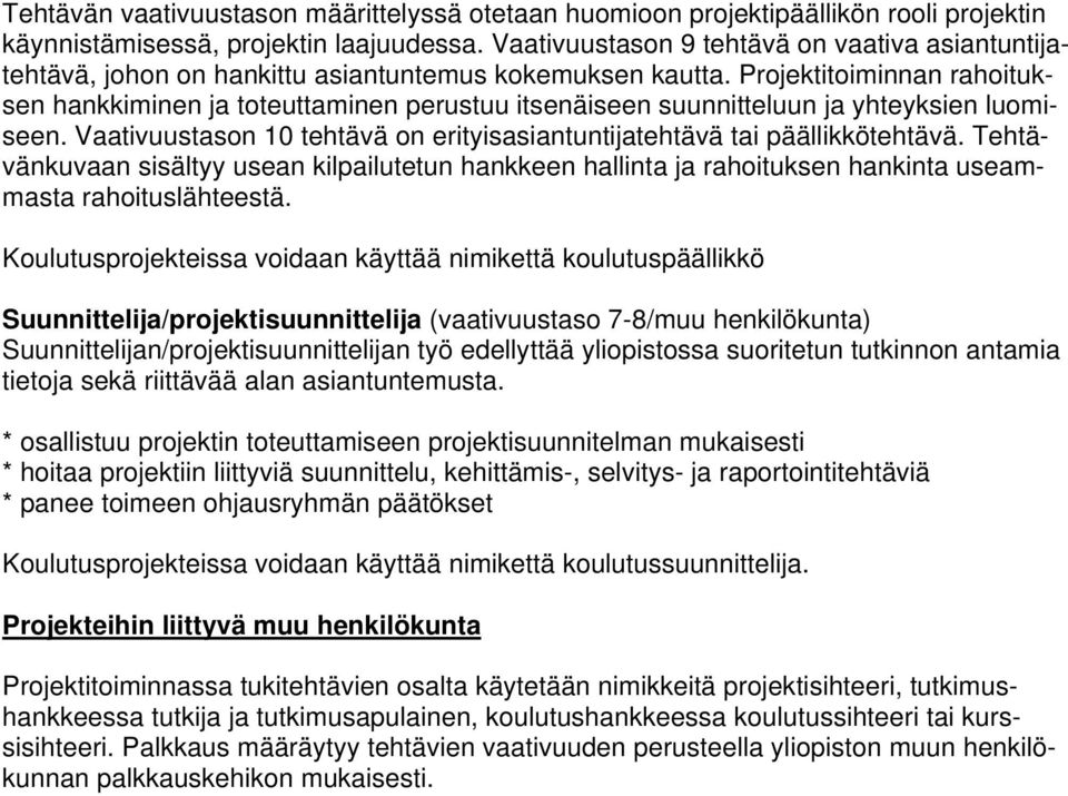 Projektitoiminnan rahoituksen hankkiminen ja toteuttaminen perustuu itsenäiseen suunnitteluun ja yhteyksien luomiseen. Vaativuustason 10 tehtävä on erityisasiantuntijatehtävä tai päällikkötehtävä.